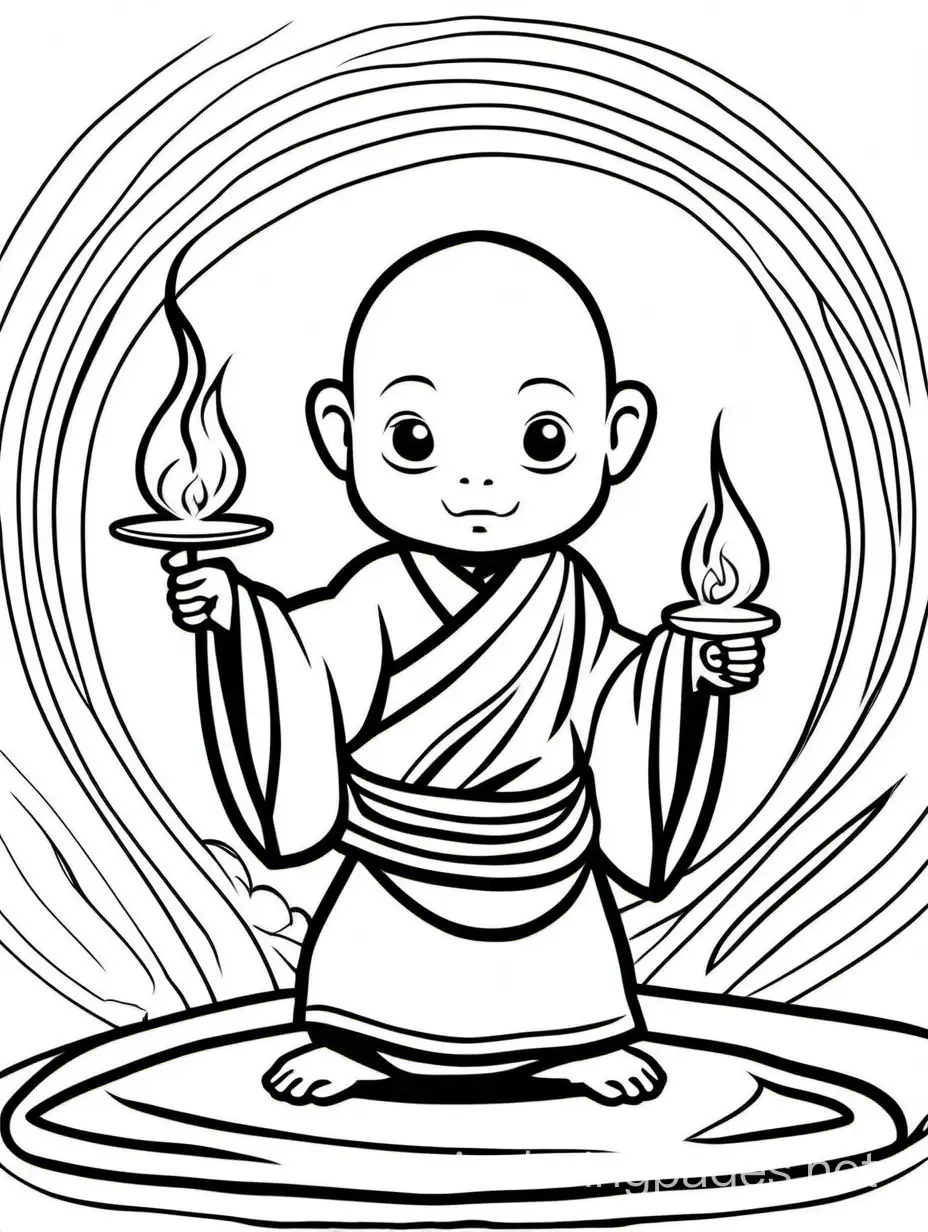 A little monk playing with fire around avatar, Coloring Page, black and white, line art, white background, Simplicity, Ample White Space. The background of the coloring page is plain white to make it easy for young children to color within the lines. The outlines of all the subjects are easy to distinguish, making it simple for kids to color without too much difficulty