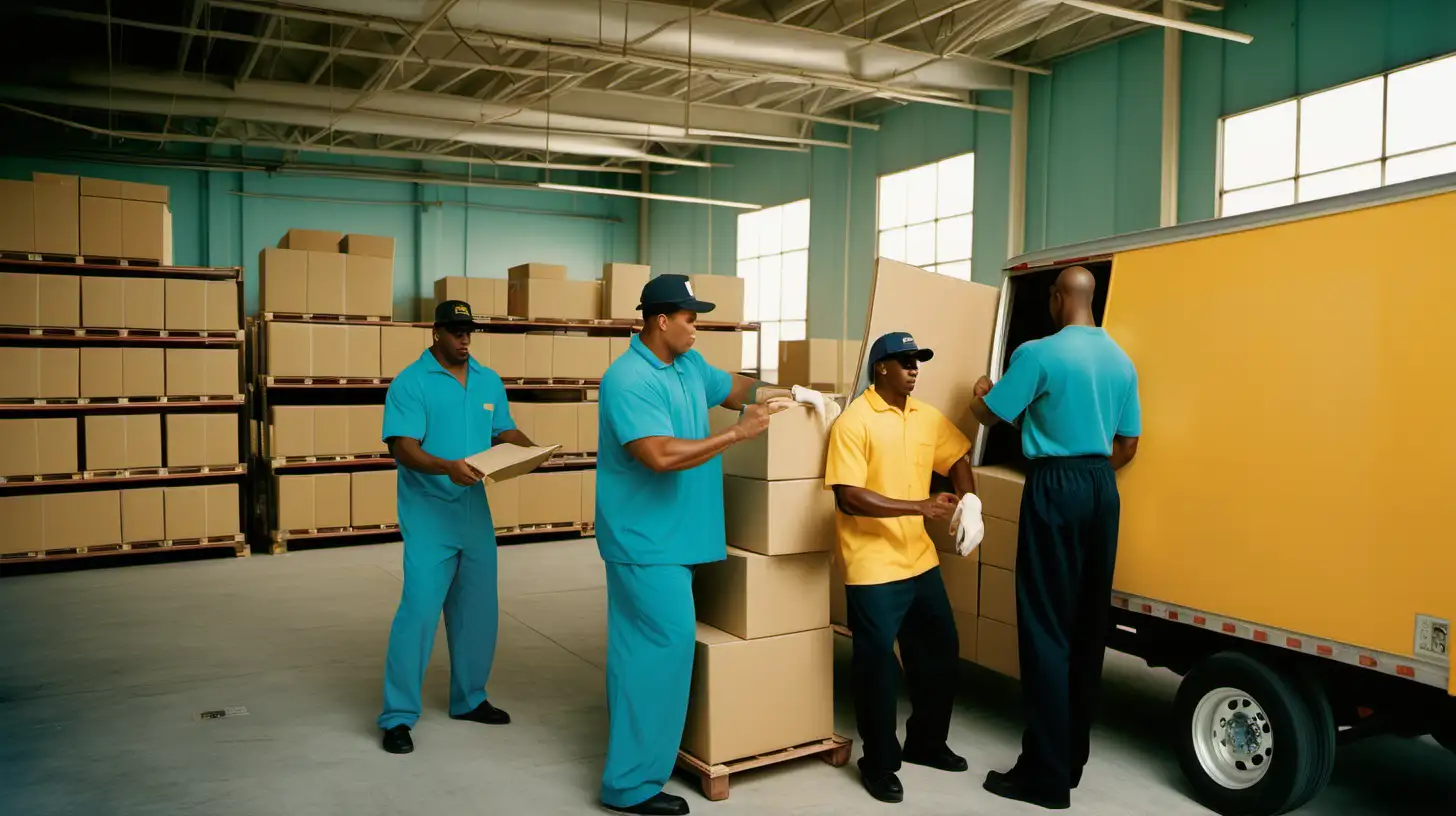 Bahamian Workers at StateoftheArt Warehouse Loading Dock in Black Aquamarine and Gold Apparel