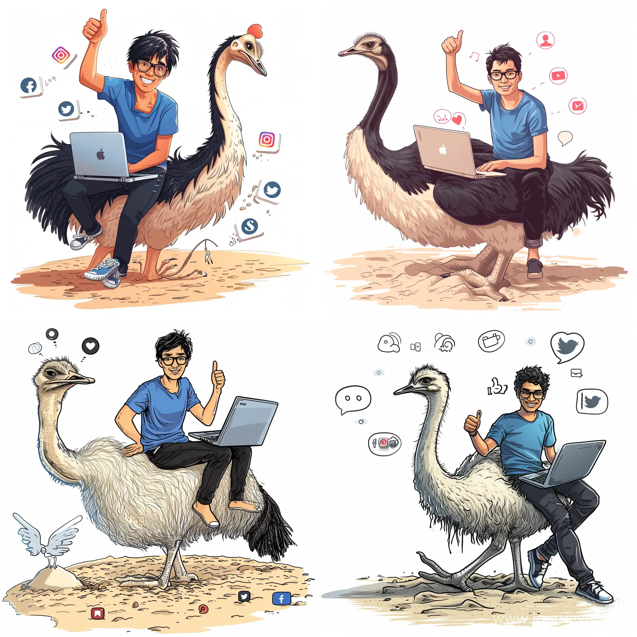 Enthusiastic-Programmer-Riding-Ostrich-with-Social-Media-Icons