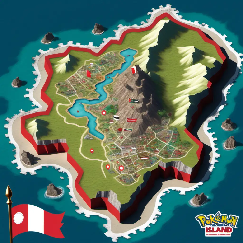mapa de isla pokemon inspirada en los andes peruanas, con banderas de peru, roja y blancas en vertical y el logo de POKEMON en una esquina como marca de agua