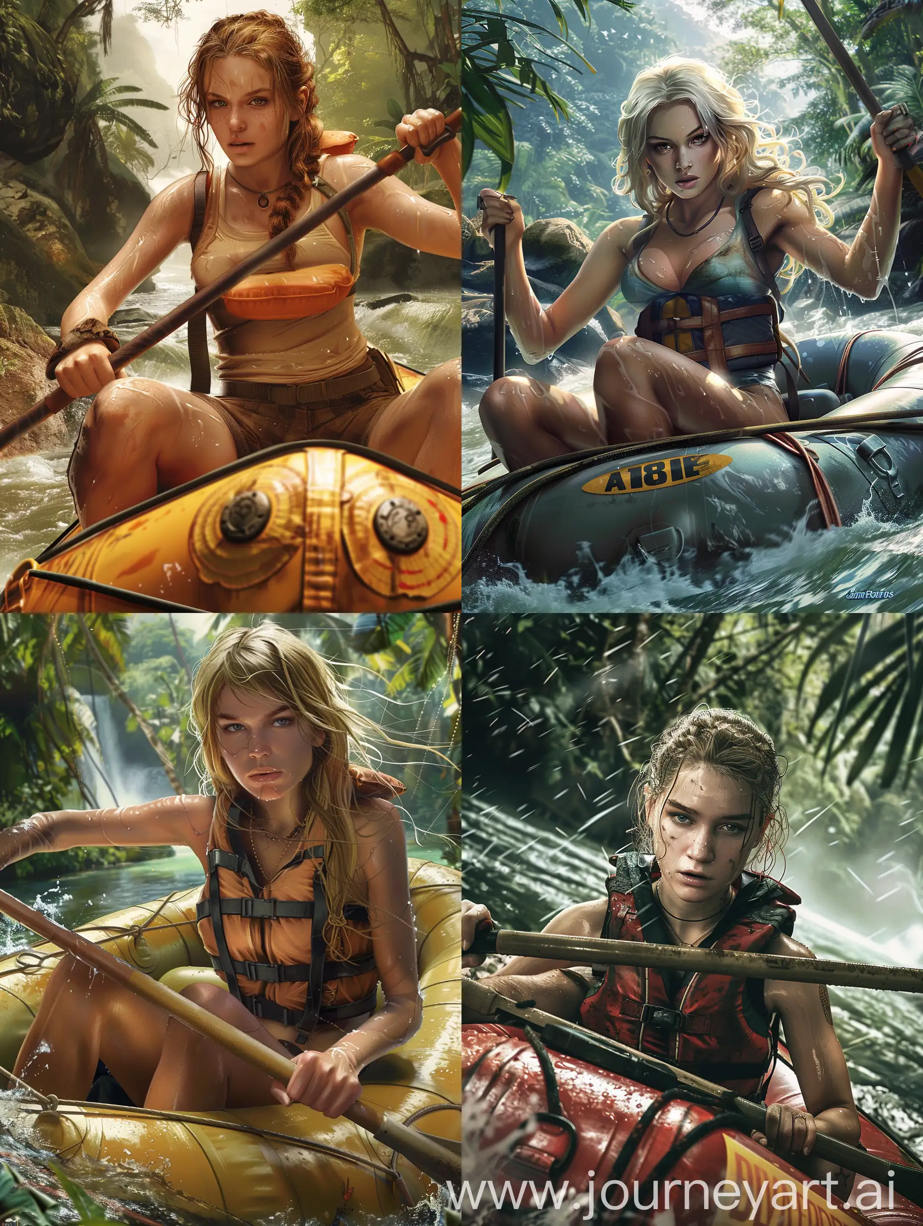 a very tough and beautiful young white girl of 18 years old in a raft on a wild river in the jungle, very realistic, very detailed, just like real, not drawn