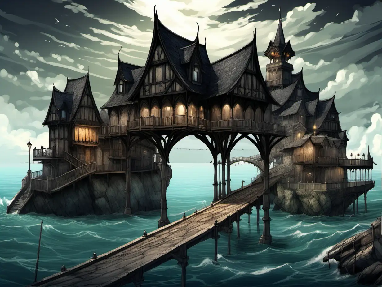 big tall isolated island in the middle of the sea, stone bridge, wooden boardwalks, large dark asylum building, black gable roofs, gazebo, Medieval fantasy painting