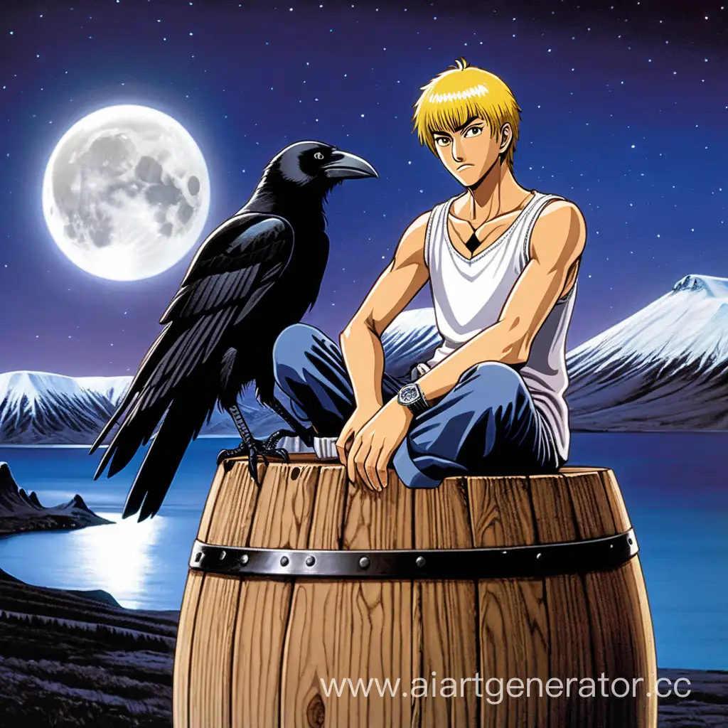 Onizuka-Eikichi-on-Oak-Barrel-with-Crow-in-Moonlit-Icelandic-Mountains