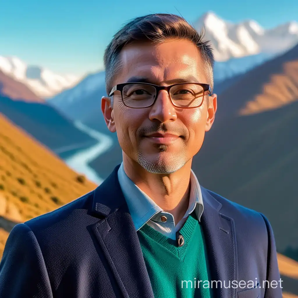 profile photo of a confident man in his 40s, perhaps wearing glasses or smart casual attire, with a friendly and approachable expression. He could be shown standing against a backdrop of majestic mountains, symbolizing the vast potential and exploration of AI tools. The mountains could be depicted with a serene atmosphere, perhaps with a soft sunrise or sunset glow, conveying a sense of awe and inspiration.