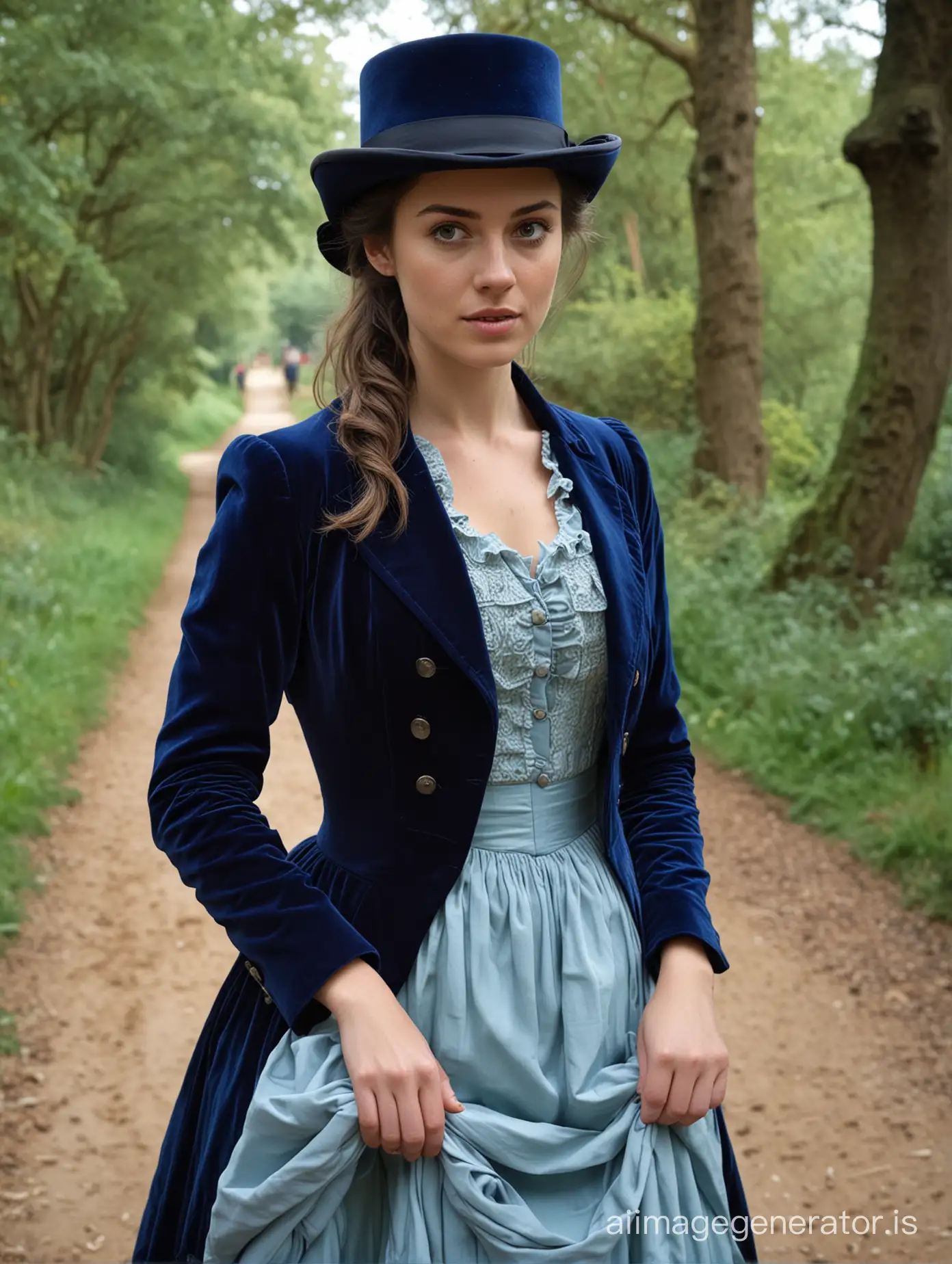 First plan of young and attractive English lady, Regency period, riding a horse on a dirt path surrounded by trees, worried and sad expression. Glances slightly backwards. Wears a dark blue hat and a short velvet jacket of the same color over a light blue dress