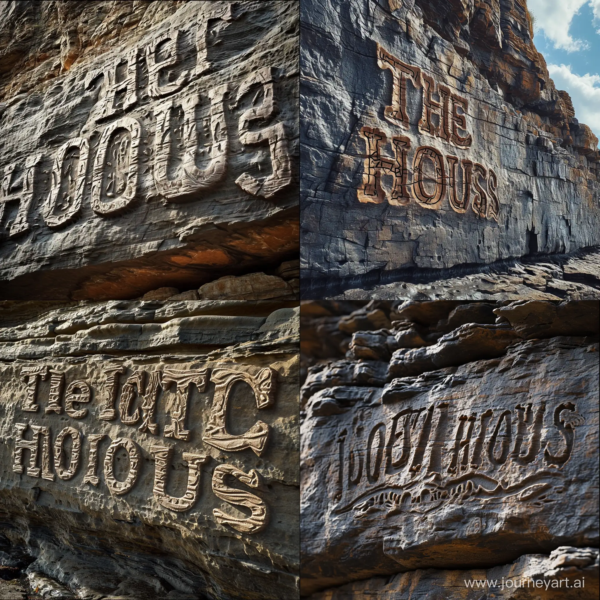 The title "The Boot House" like an intricately designed logo, carved into a rock cliff face naturally.  Epic composition.  Highly detailed.   The words are clearly legible and protrude naturally from the rock face. 