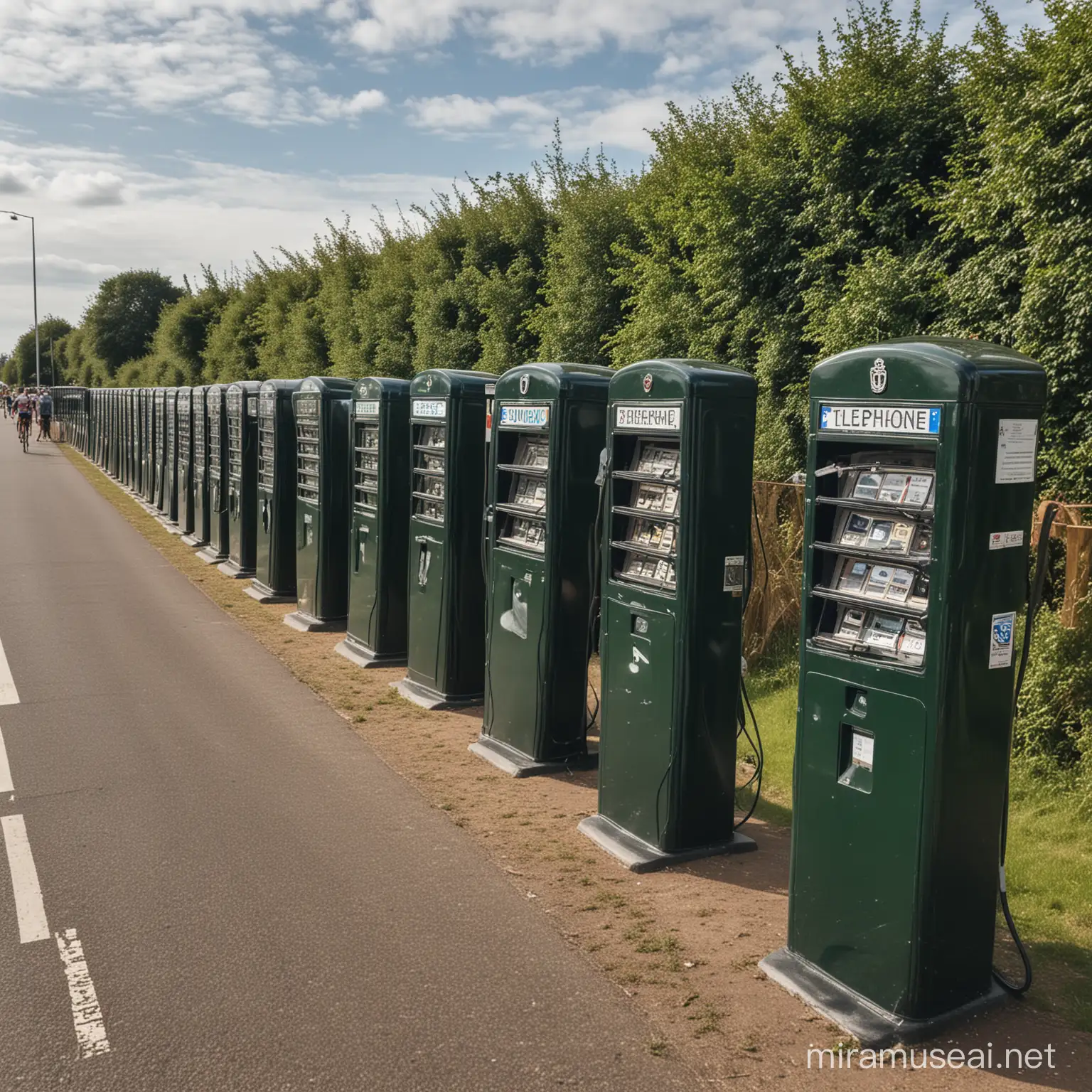 A world-class cycle road race. Public telephones are lined up along the course.