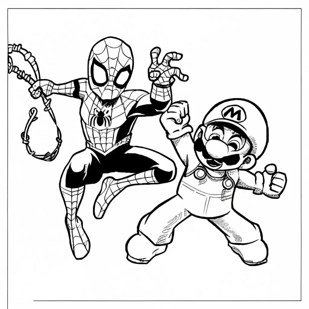 coloring book of Spiderman fighting super mario