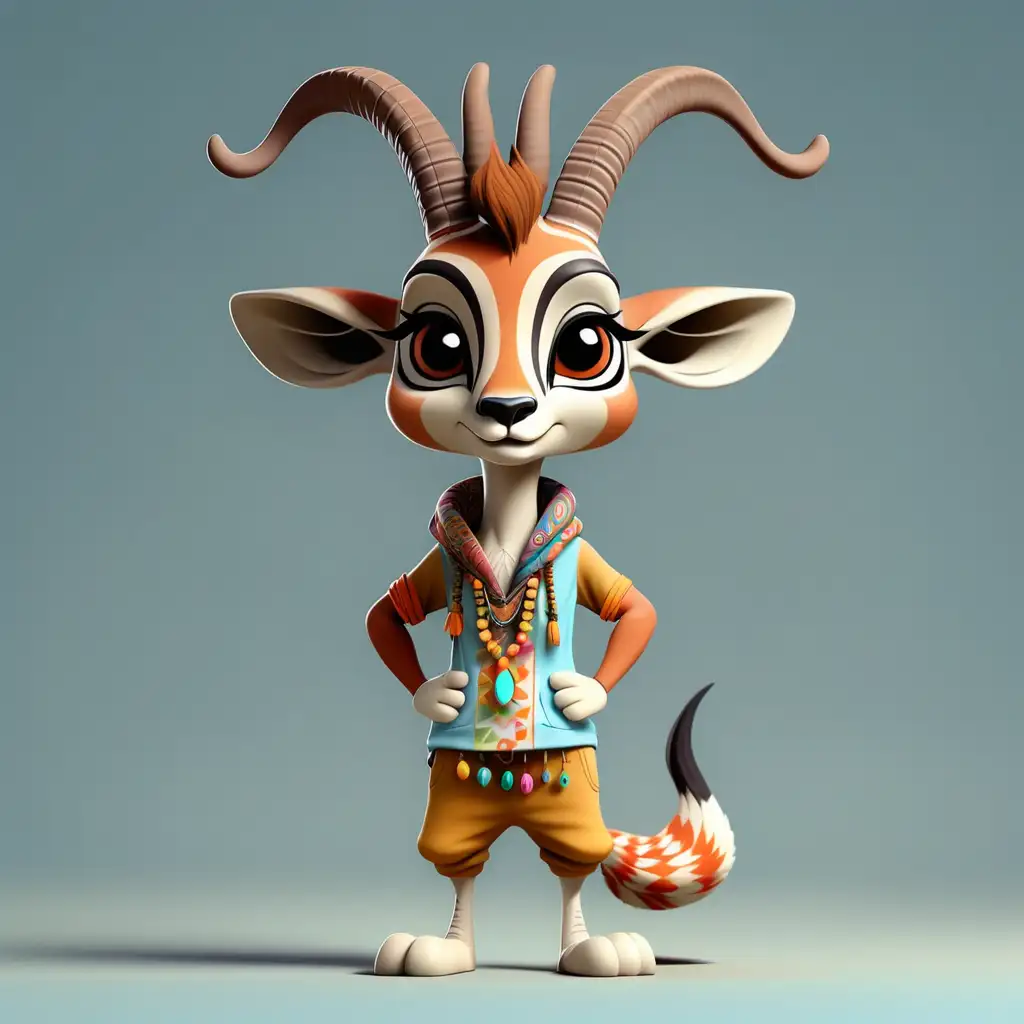 a cute funny Gazelle in full body cartoon style with Hippie clothes with clear background