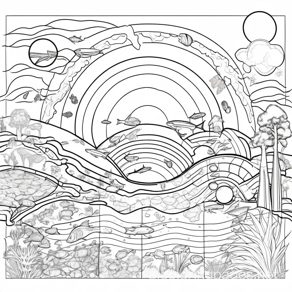 hydrosphere biosphere atmosphere geosphere, Coloring Page, black and white, line art, white background, Simplicity, Ample White Space. The background of the coloring page is plain white to make it easy for young children to color within the lines. The outlines of all the subjects are easy to distinguish, making it simple for kids to color without too much difficulty