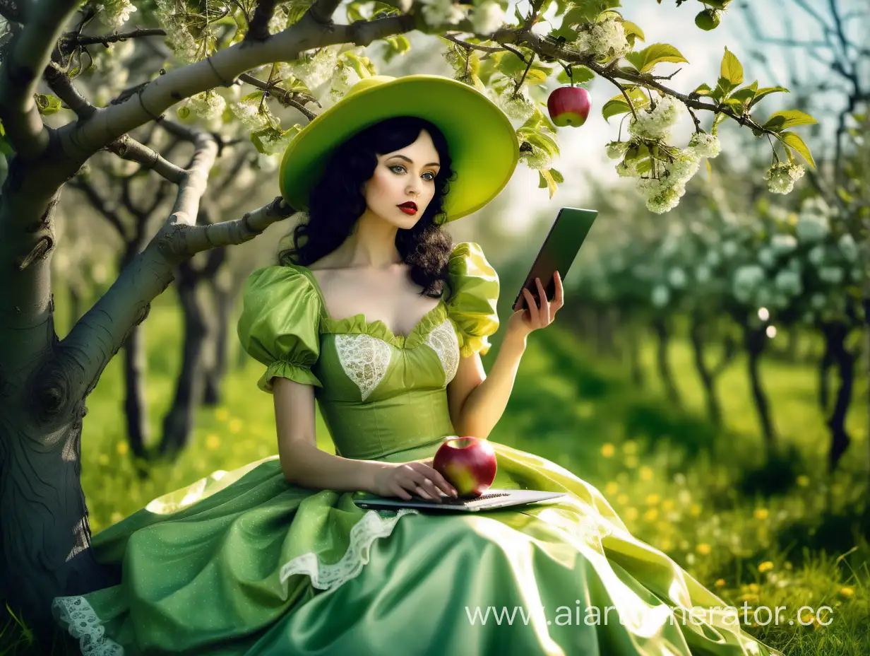 Fantastical-Applethemed-Girl-Consults-Online-on-Blossoming-Tree