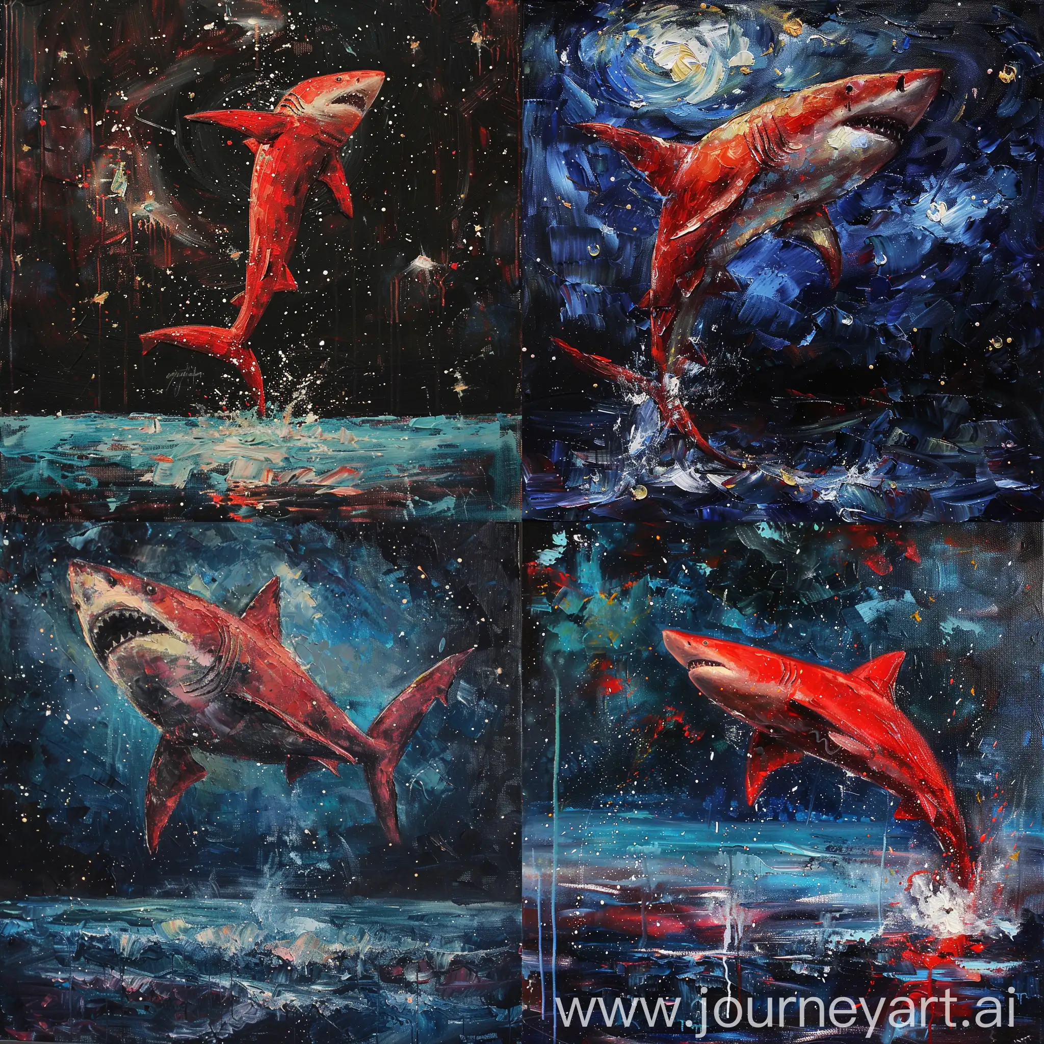 Majestic red shark jumped out of the endless ocean, dreamy dark cosmic night, the ocean expresses sense of depression, shark is escaping from his own home, the ocean of depression, pale dead colors, oil painting