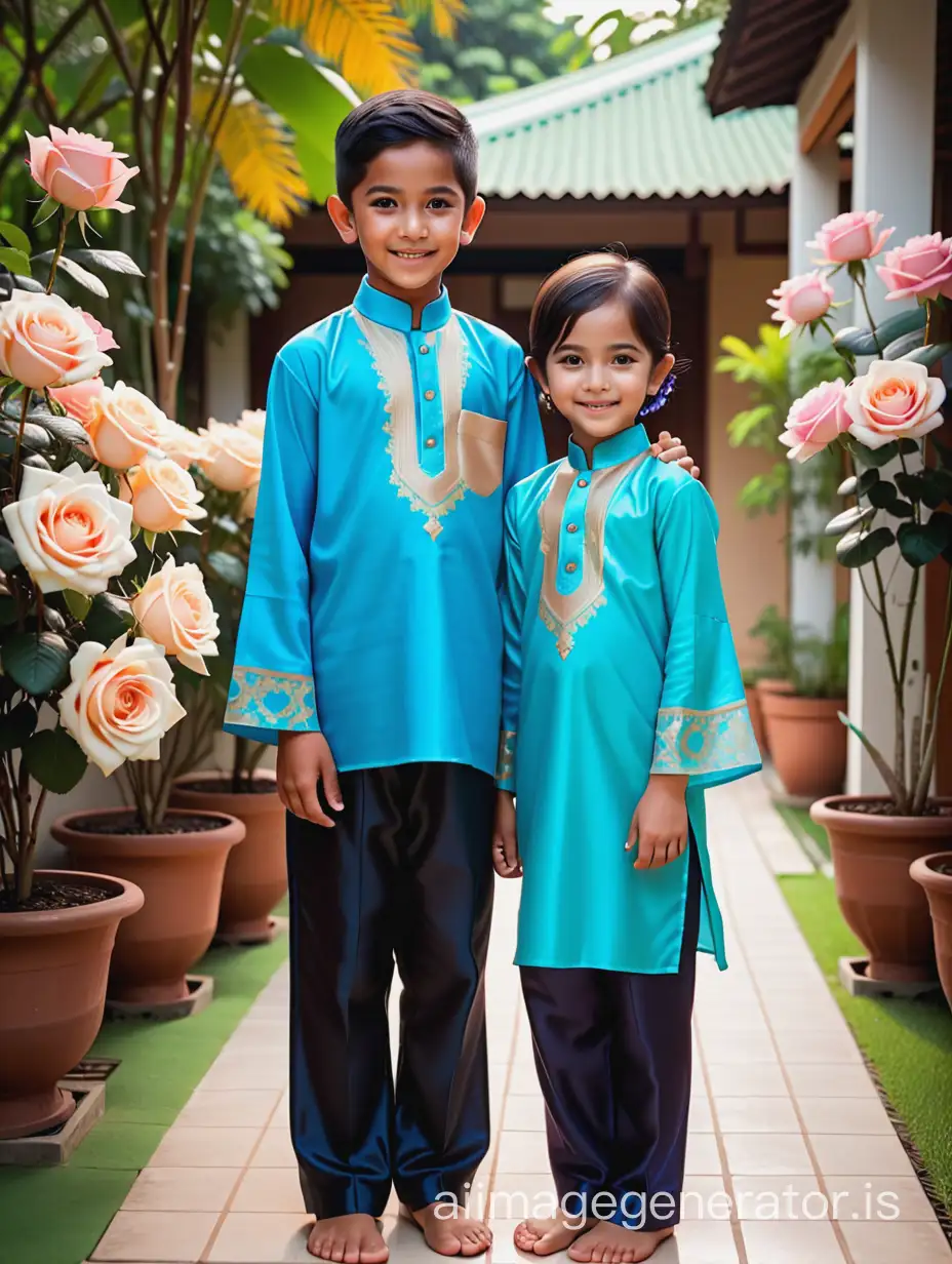 An indonesian boy age 12 years old, short black neat hair, wearing baju melayu colour blue neon, with his sister age 8 years old, wearing kebaya jubah and hijab, also colour blue. Beautiful photo of brother and sister. They both standing while two hand put together and close to the chest as greeting for eid and a little smile.. Background is beautiful rosses garden with blooming all over the place. Hyper realistic photo. 32K, UHD.
