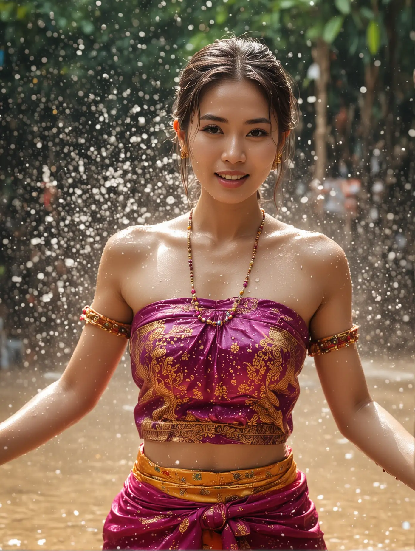 Thai Beautiful woman , in traditional Thai dress，exquisite facial features, facing the camera, scene during Songkran Festival,The action of splashing water with both hands, the scene of intense splashing，full body photo