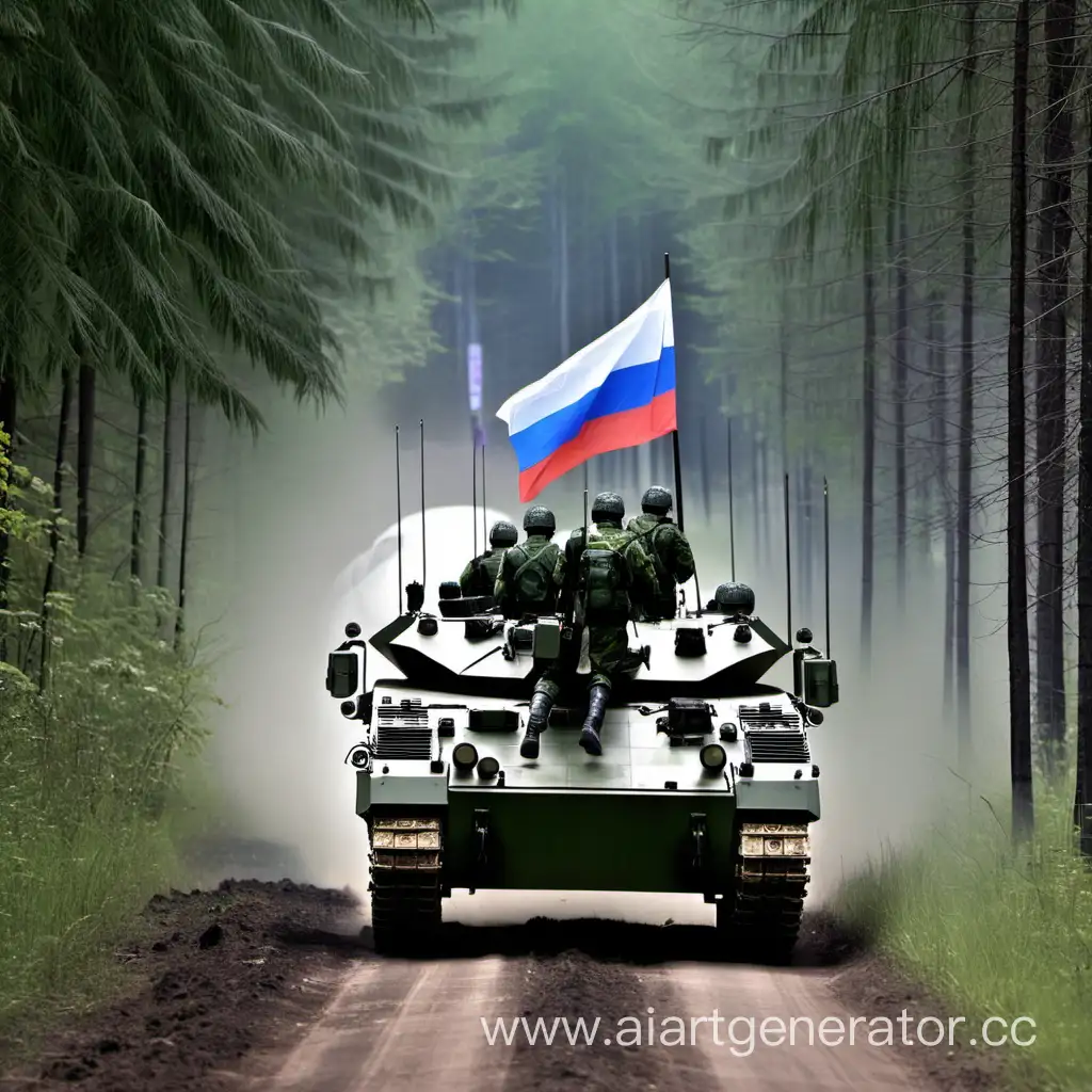Военная техника России с флагом ЧВК Вагнер и войска ЧВК Вагнер едут по лесу