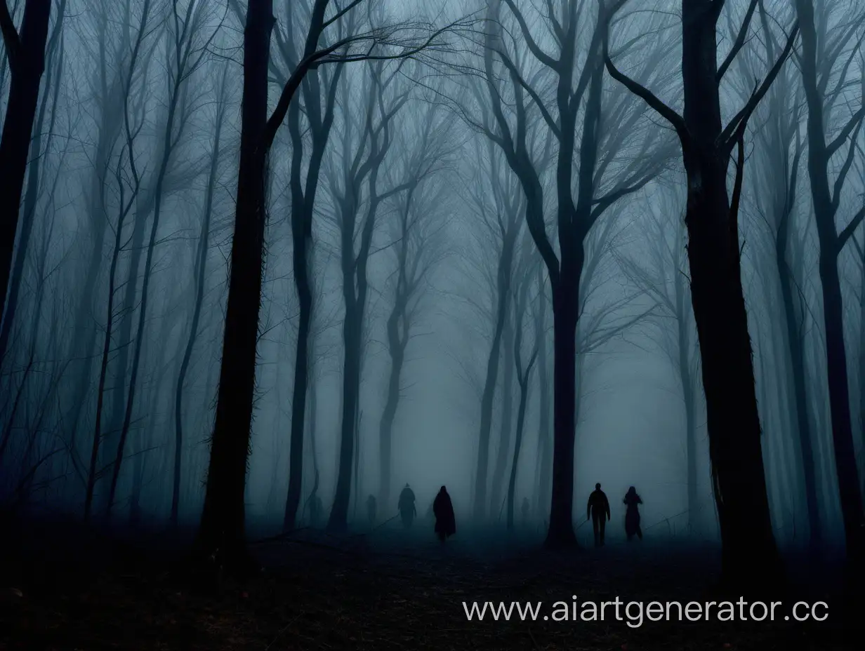 темный лес стоит в тумане а люди гуляют в лесу
