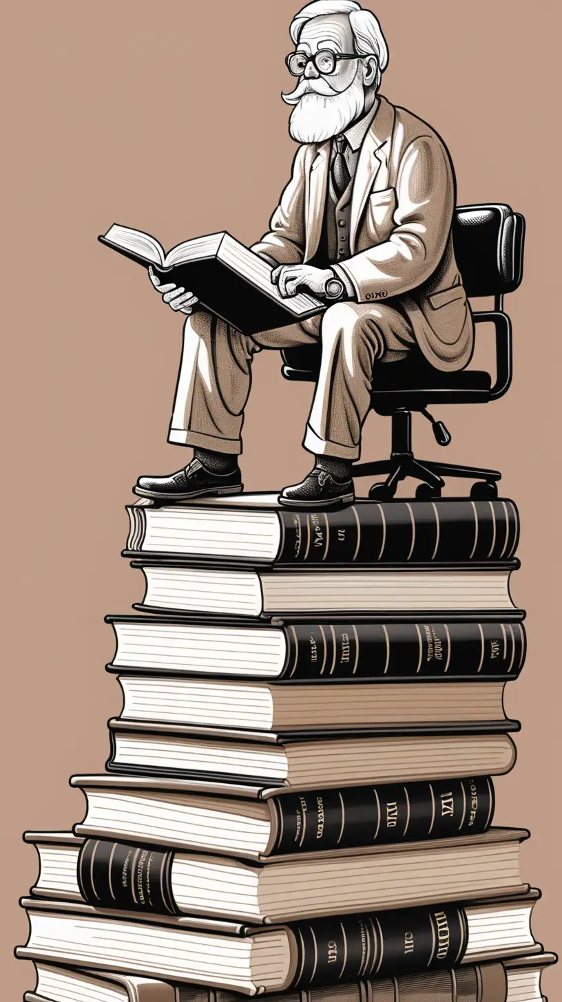 Illustration A 40-year-old professor sits on a stack of science books