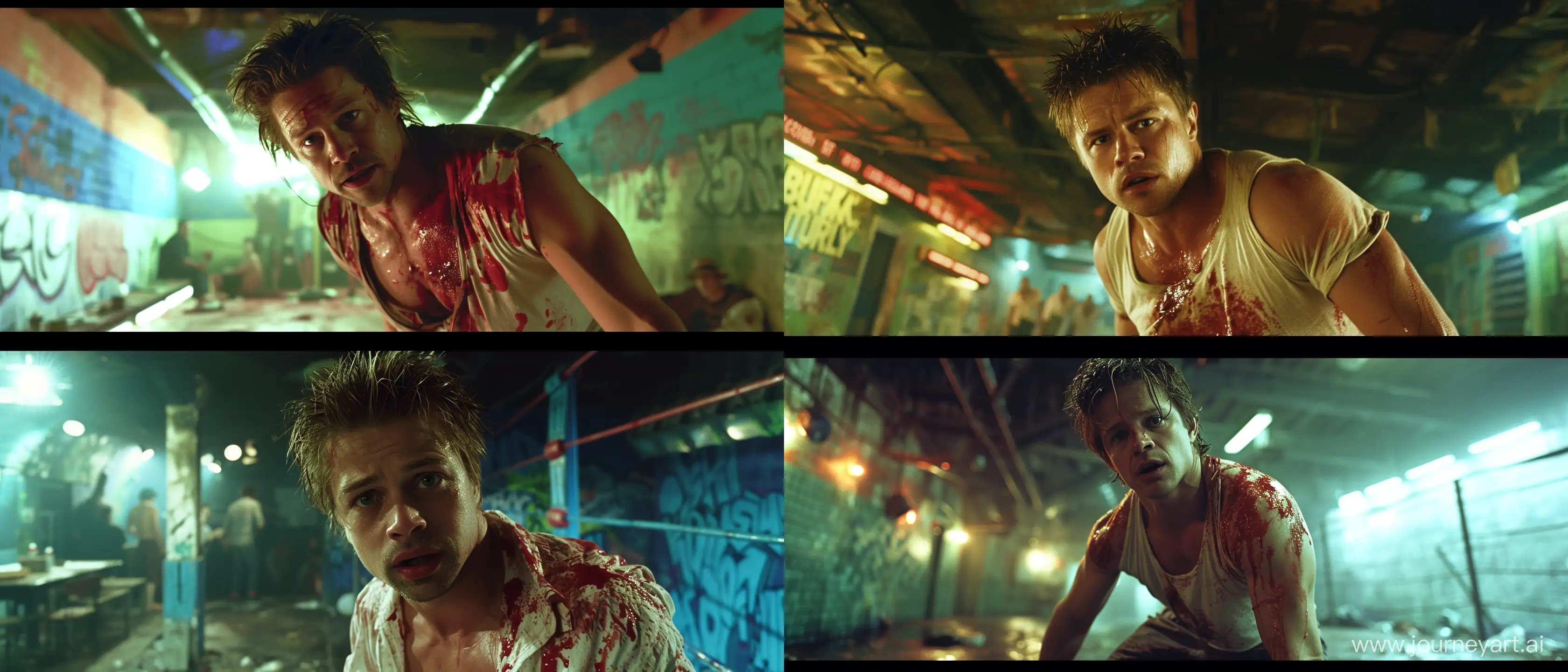 A low angle,medium shot cinematic movie still taken with an Arri 435 camera and a 32mm Atlas anamorphic lens based on the film Fight Club of a young Brad Pitt wearing a blood stained shirt ready to fight looking into the camera. In the background is a seedy underground fight club. Vivid color scheme --ar 21:9 --v 6.0 --style raw