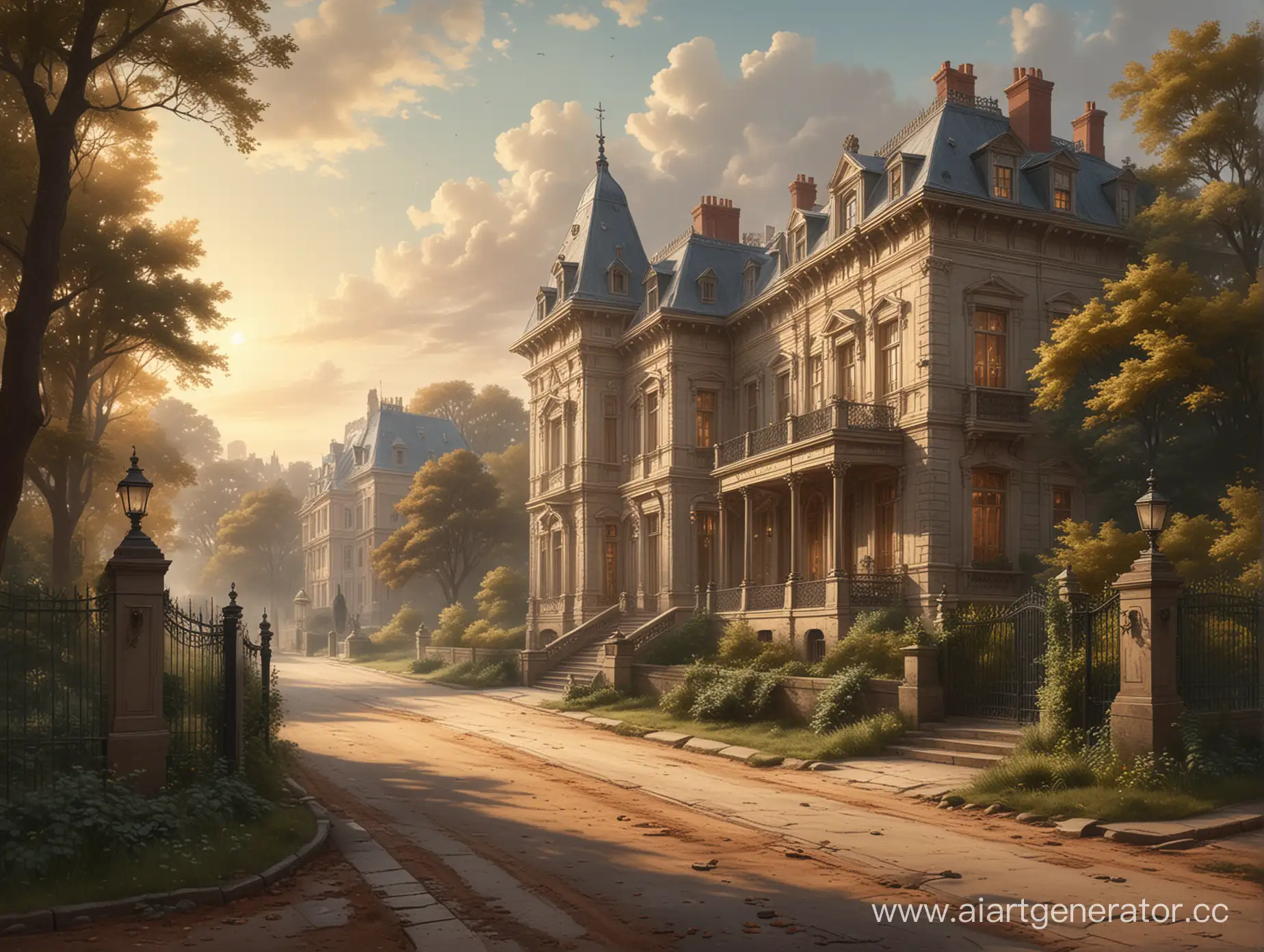 An illustration that conveys the atmosphere of 19th century using elements of such an era. The image should depict a road and a mansion in a luxurious style typical of that time.