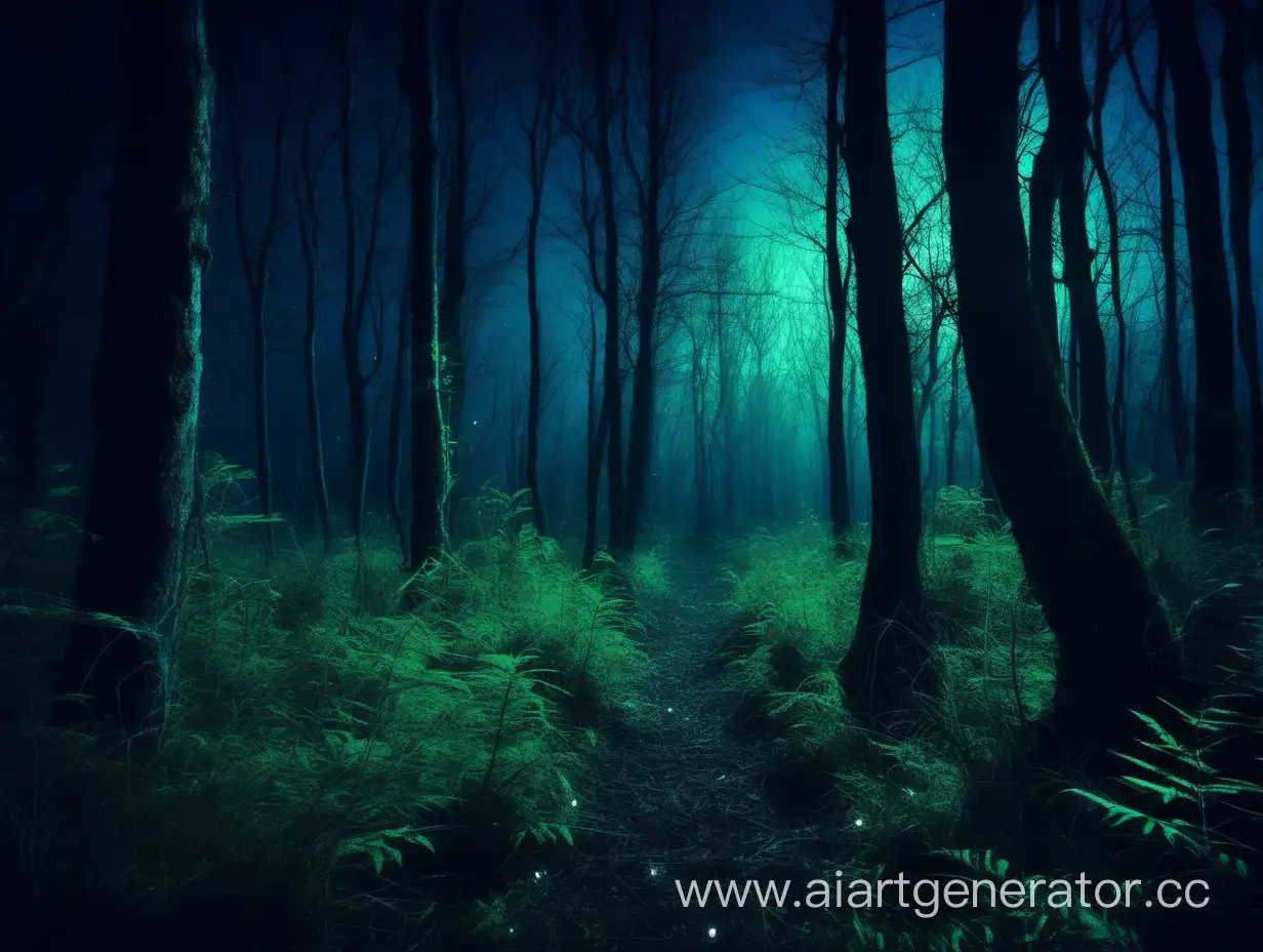 ночной лес. цвета зеленые и синие темные, волшебный голубой свет. мрачный лес. темные цвета