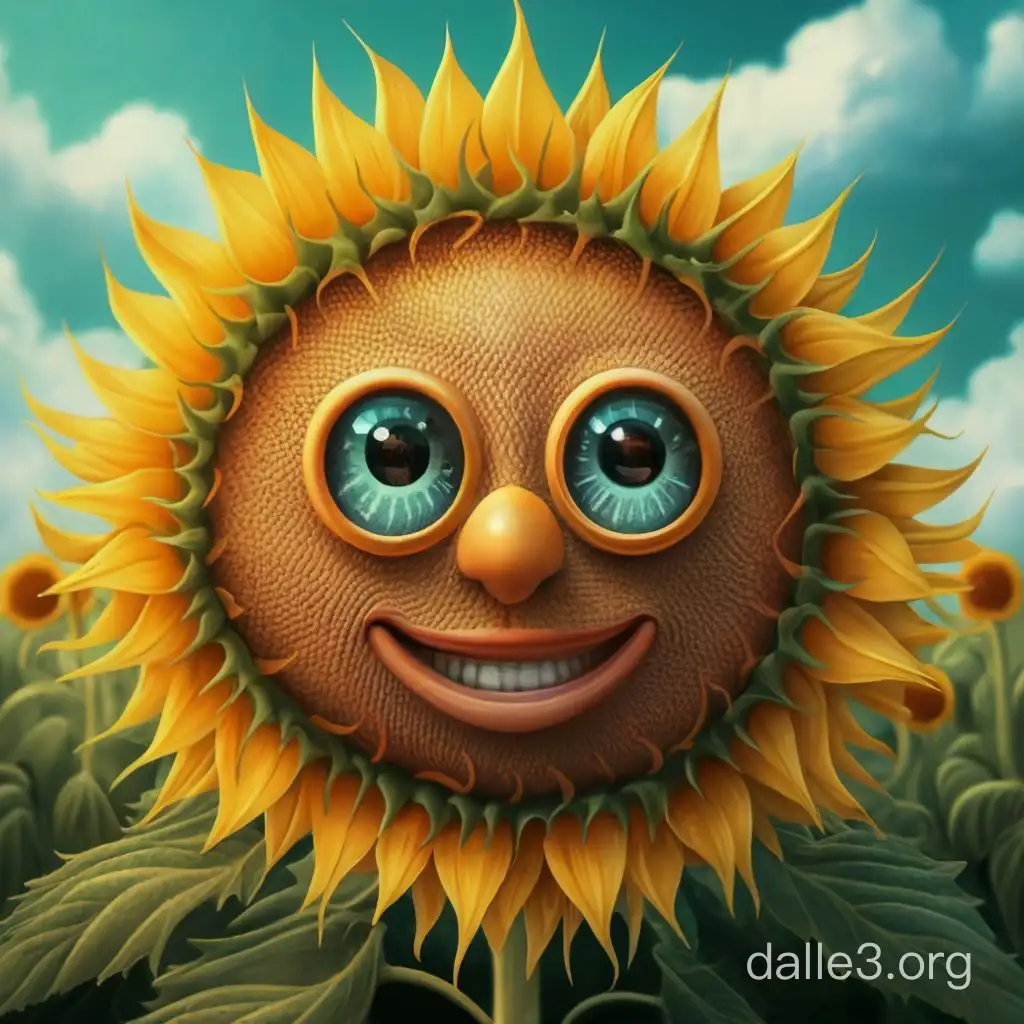 Anthropomorphic Sunflowers celebrating a cartoonish Sun God 