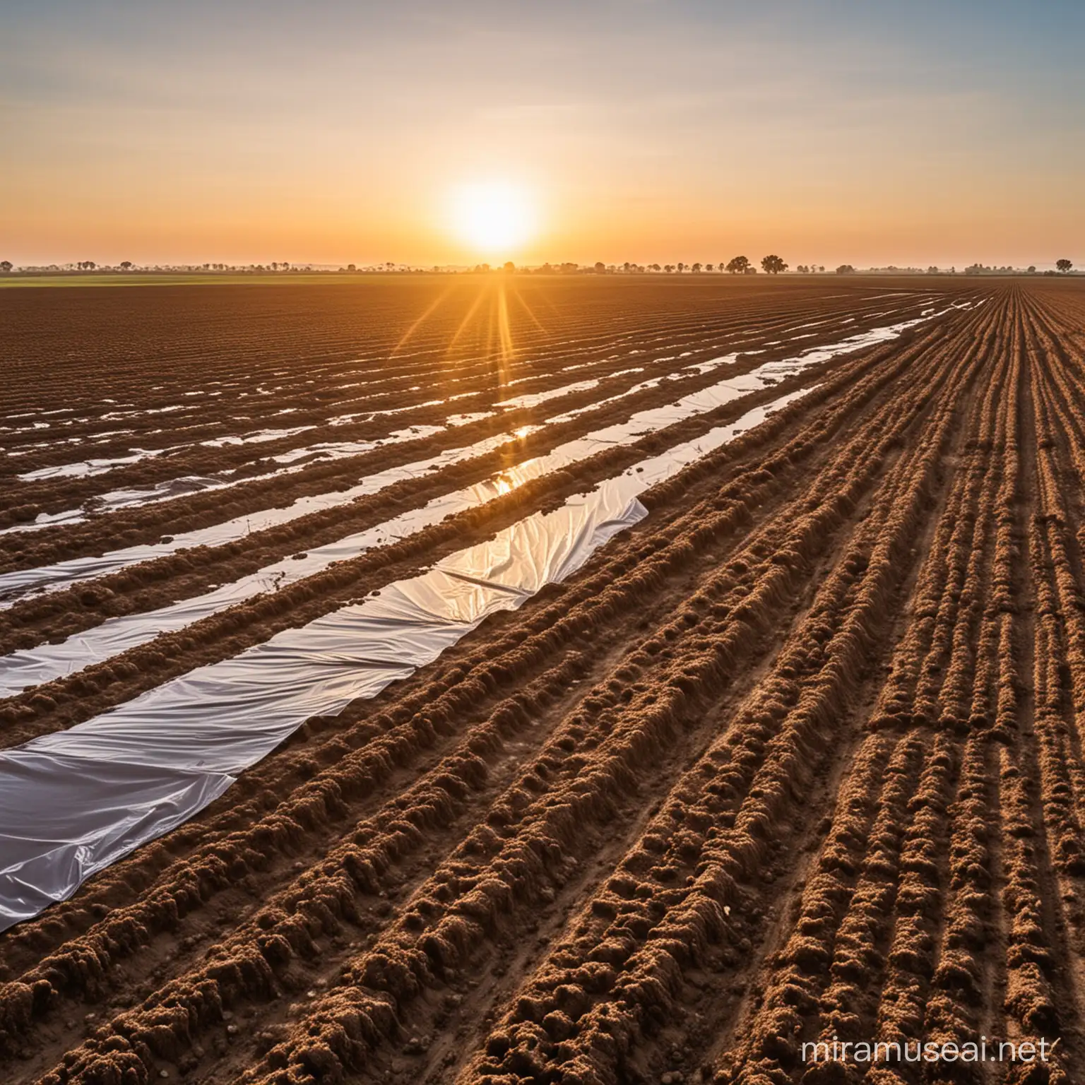 large agricultural field at sunset with plastic film protecting the soil being examined by a farmer and a scientist