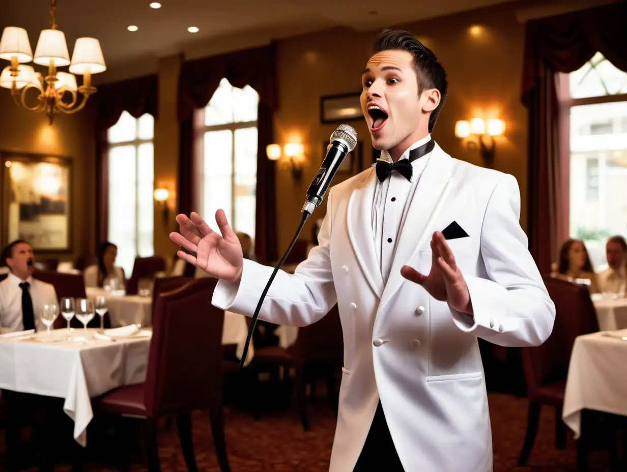 a high definition photograph of a singing male waiter in a white tuxedo inside a fine dining restaurant