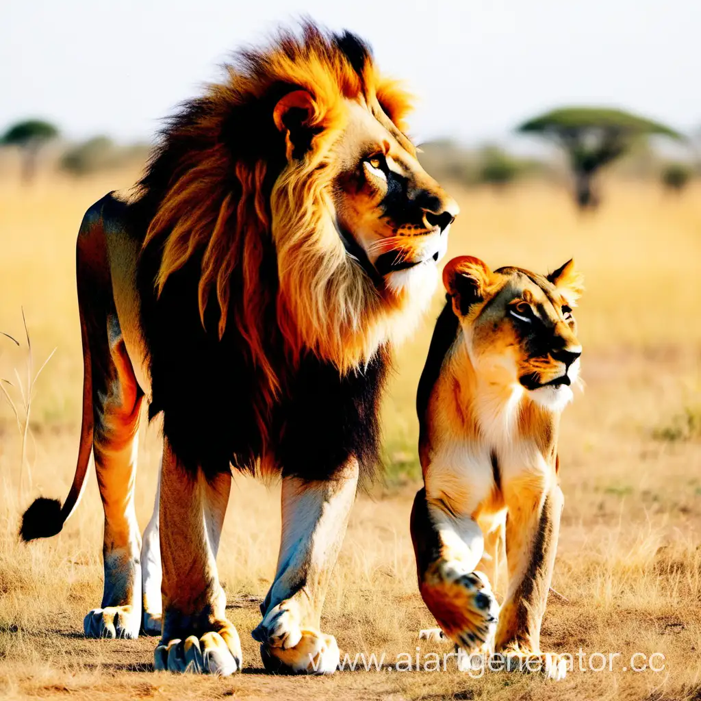 Лев животное с очень красивой гривой среди африки вместе с красивой львицей