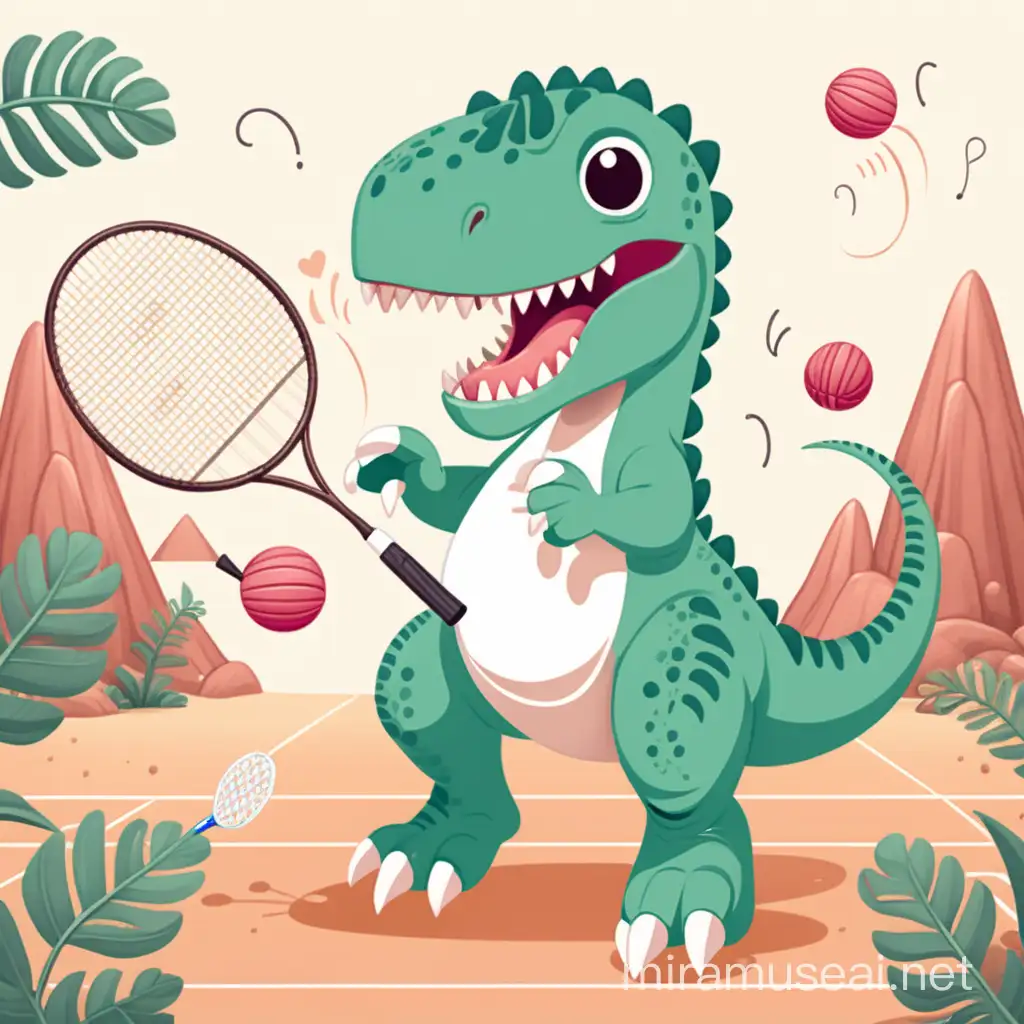 Cute T-rex playing badminton illustration
