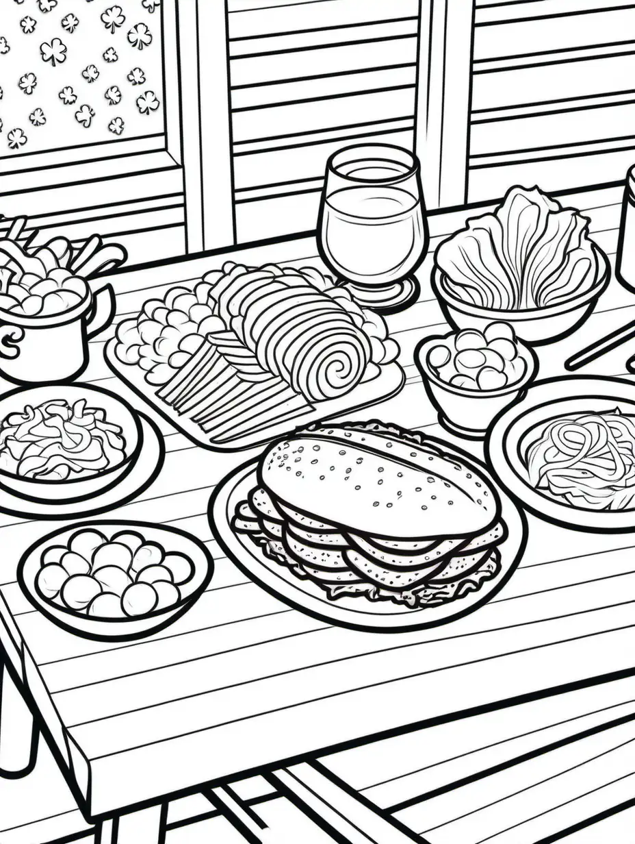 coloring page for kids, thick lines solid lines, St. Patrick's day feast on table, corned beef and cabbage
