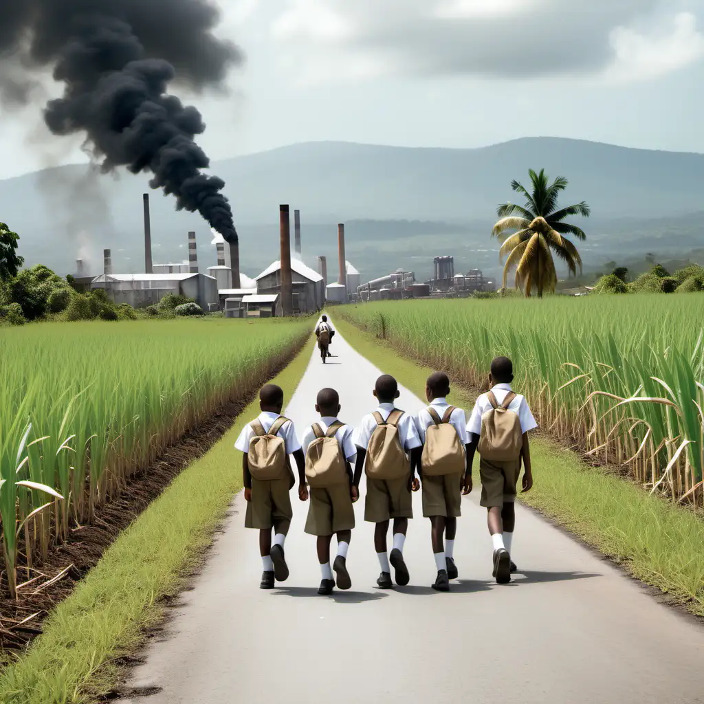 School children in khaki uniform walking to school, In the very far distance is a sugar cane factory with smoke coming from one chimney, tall sugar cane surrounds the factory, working men are riding bicycles to work in rural Jamaica.