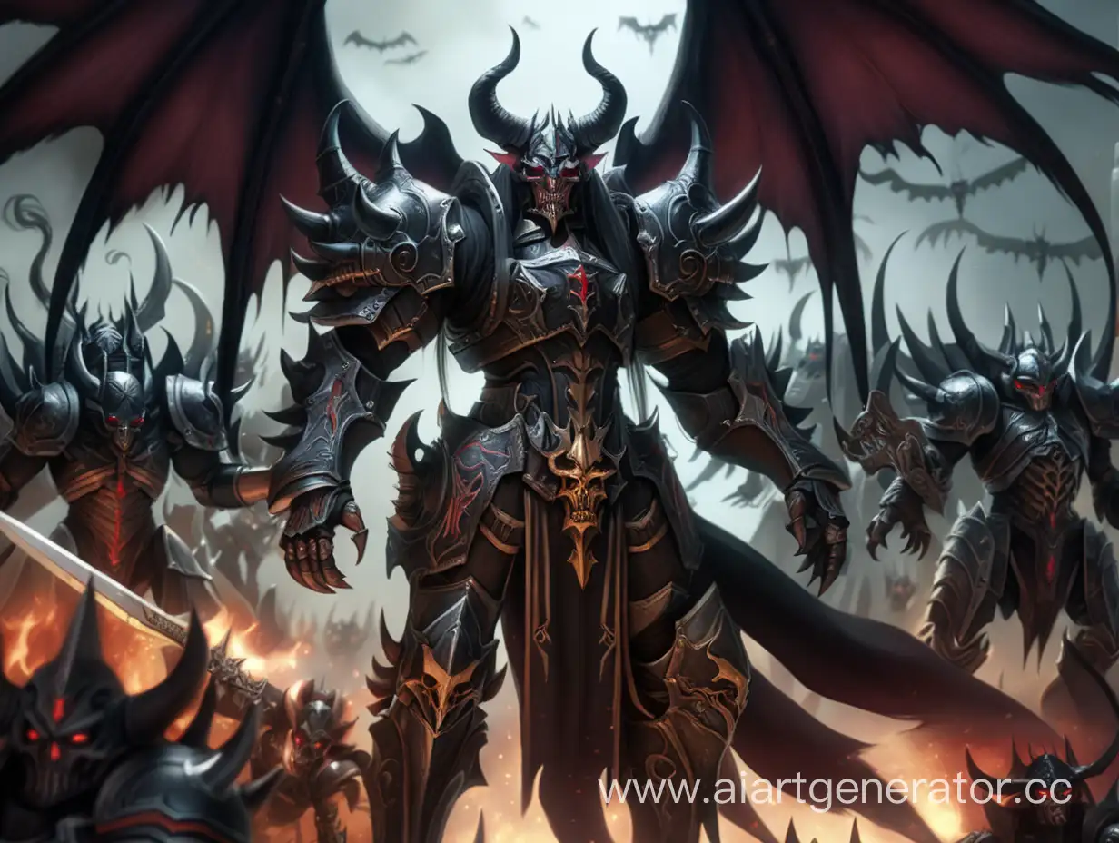 A demon commander with 4 wings in night-black armor with an army behind him