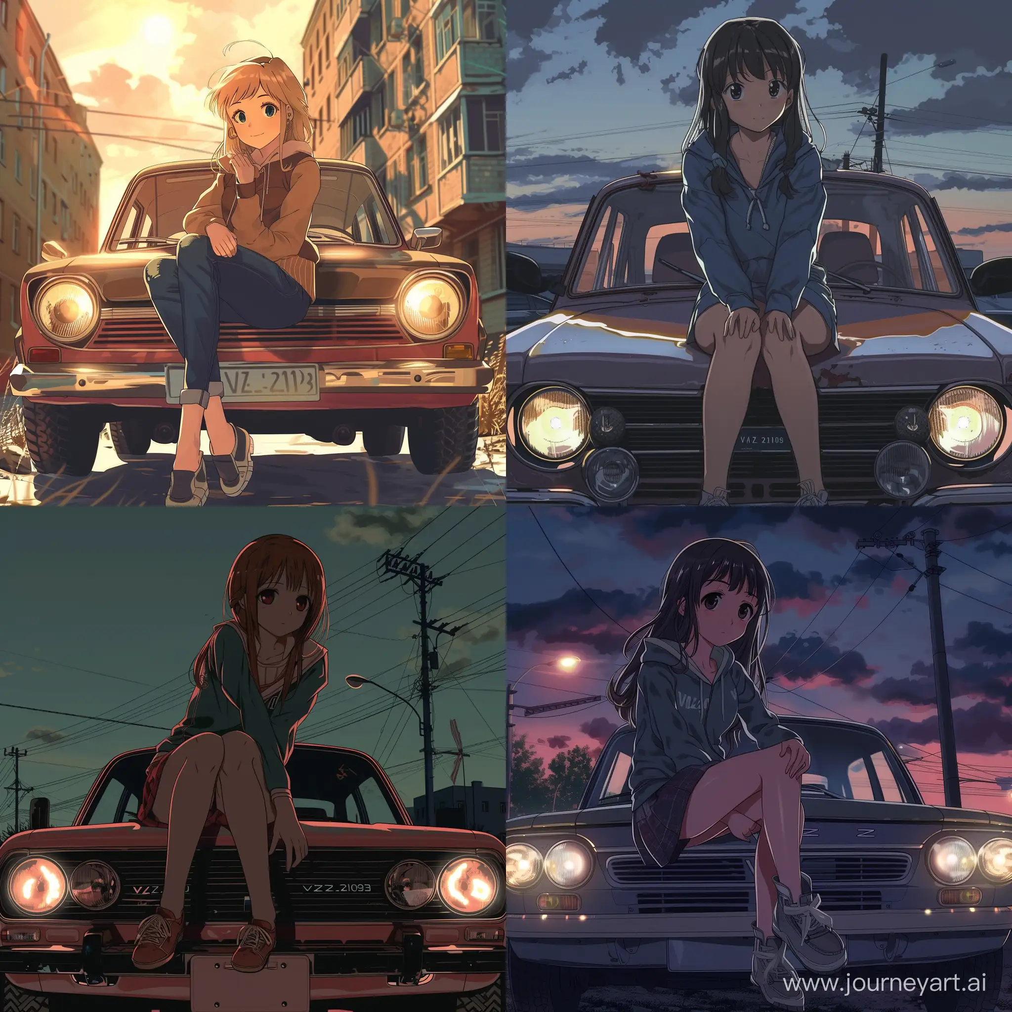 аниме девушка cидит на копоте машины, машина: ВАЗ-2103, стиль аниме, аниме, советские времена, на машине двойные фары