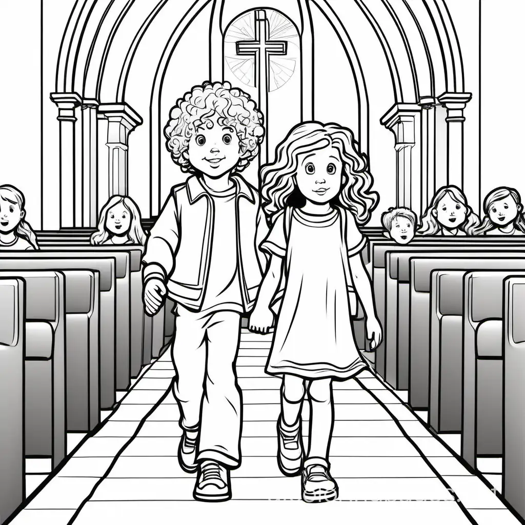 curly haired little boy, girl with long straight hair, walking into church

, Coloring Page, black and white, line art, white background, Simplicity, Ample White Space. The background of the coloring page is plain white to make it easy for young children to color within the lines. The outlines of all the subjects are easy to distinguish, making it simple for kids to color without too much difficulty