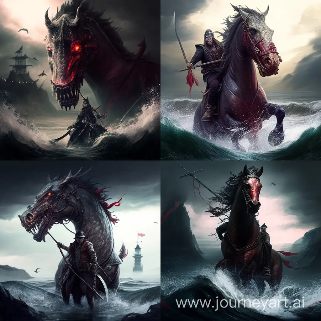 A Big scary horse riiding buy a Big man with a dragon swrod and he look angry and place around him IS sea of blood