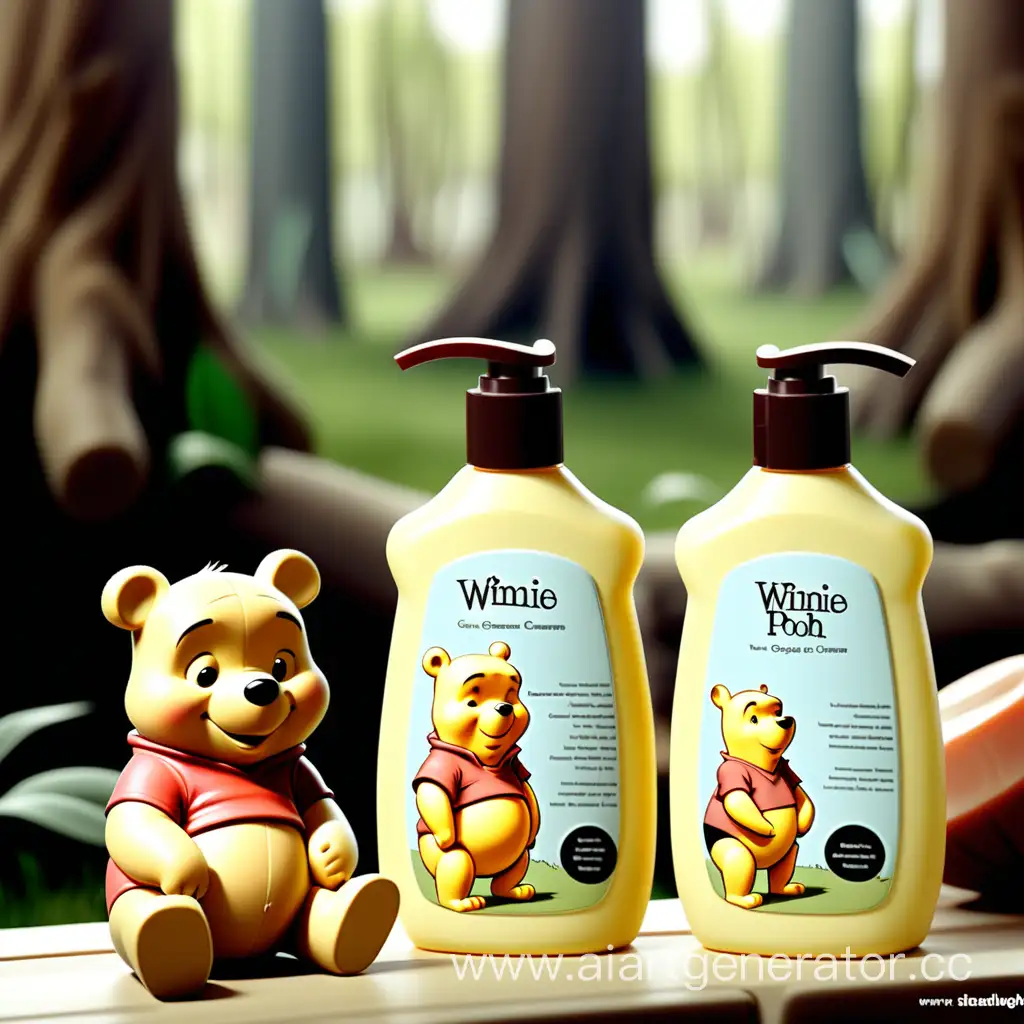 generar 2 botella de shampoo y colonia para niños que se complementen  inspirada winnie pooh 