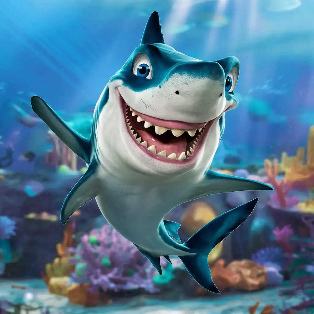 Cheerful Shark Emerging from Crystal Clear Water in Landscape Format