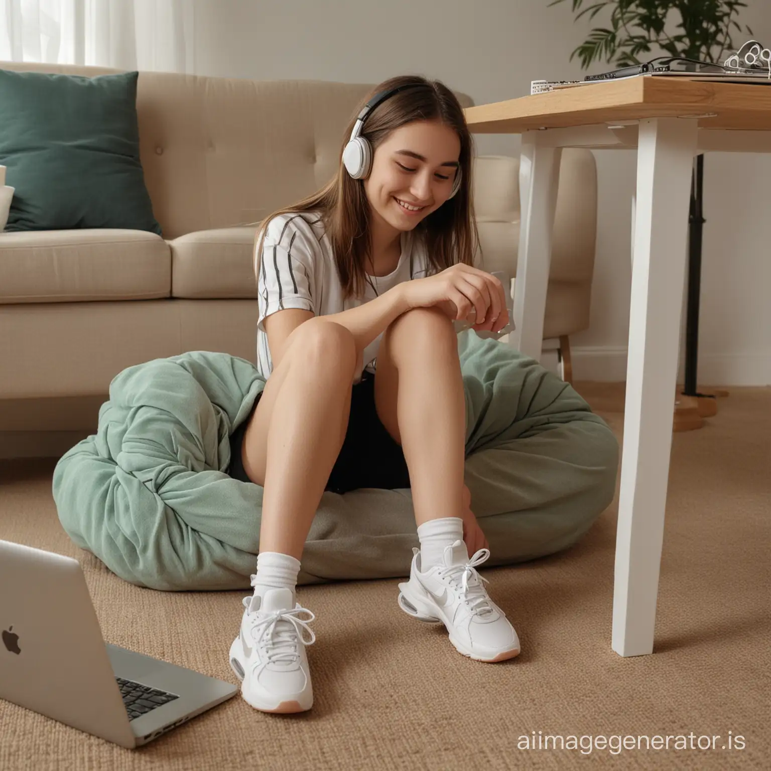 A Teen Girl wearing AirPods Max,resting her feet on the table, working on the Laptop, her sister is tickling her feet, smiling, cinematic light, soles closeup, Camera upfront