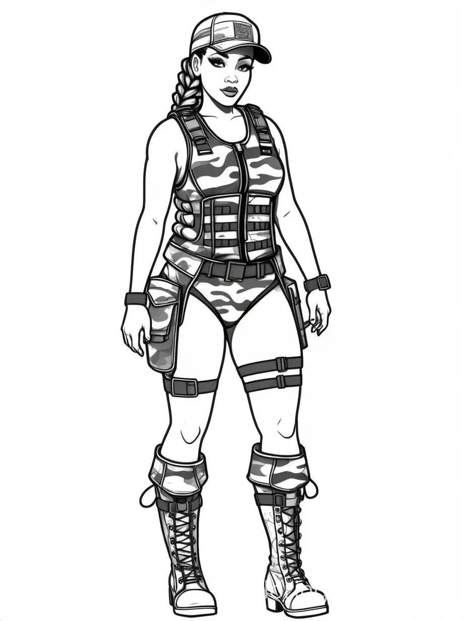 short and thicc Polynesian transsexual with a large crotch bulge wearing a camouflage swimsuit with high-heeled armor-plated boots. Hair in a short braid, topped with a ball cap. Torso covered by a combat vest with metal pouches. Coloring Page, black and white, line art, white background, Simplicity, Ample White Space. The background of the coloring page is plain white to make it easy for young children to color within the lines. The outlines of all the subjects are easy to distinguish, making it simple for kids to color without too much difficulty