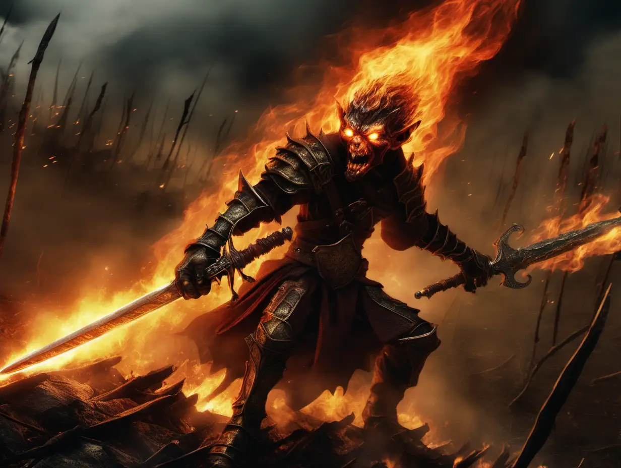 close up on flaming sword::2 wielded by a goblin grimdark fantasy battlefield location