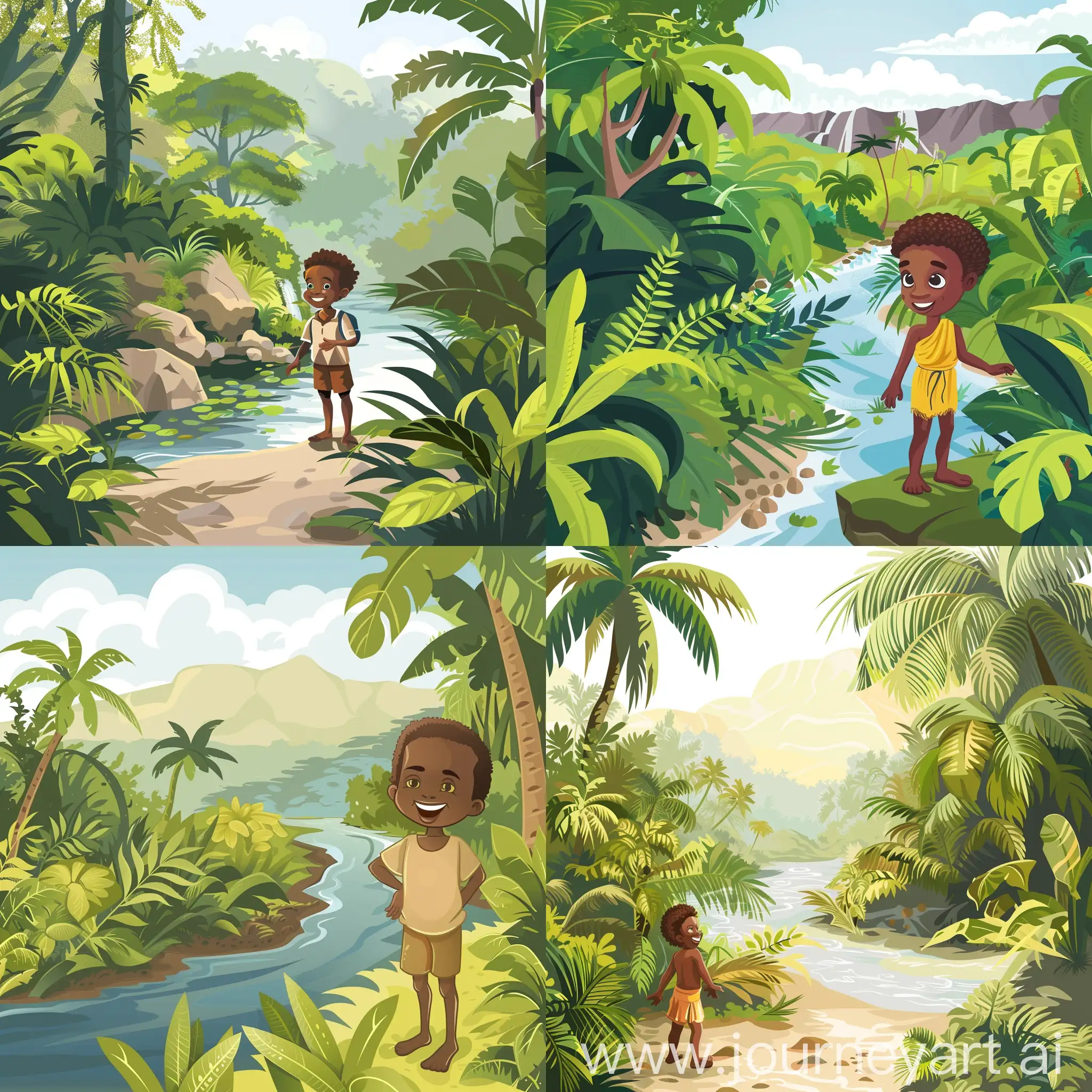 vector style, happy new guinean boy standing in the jungle next to a river
