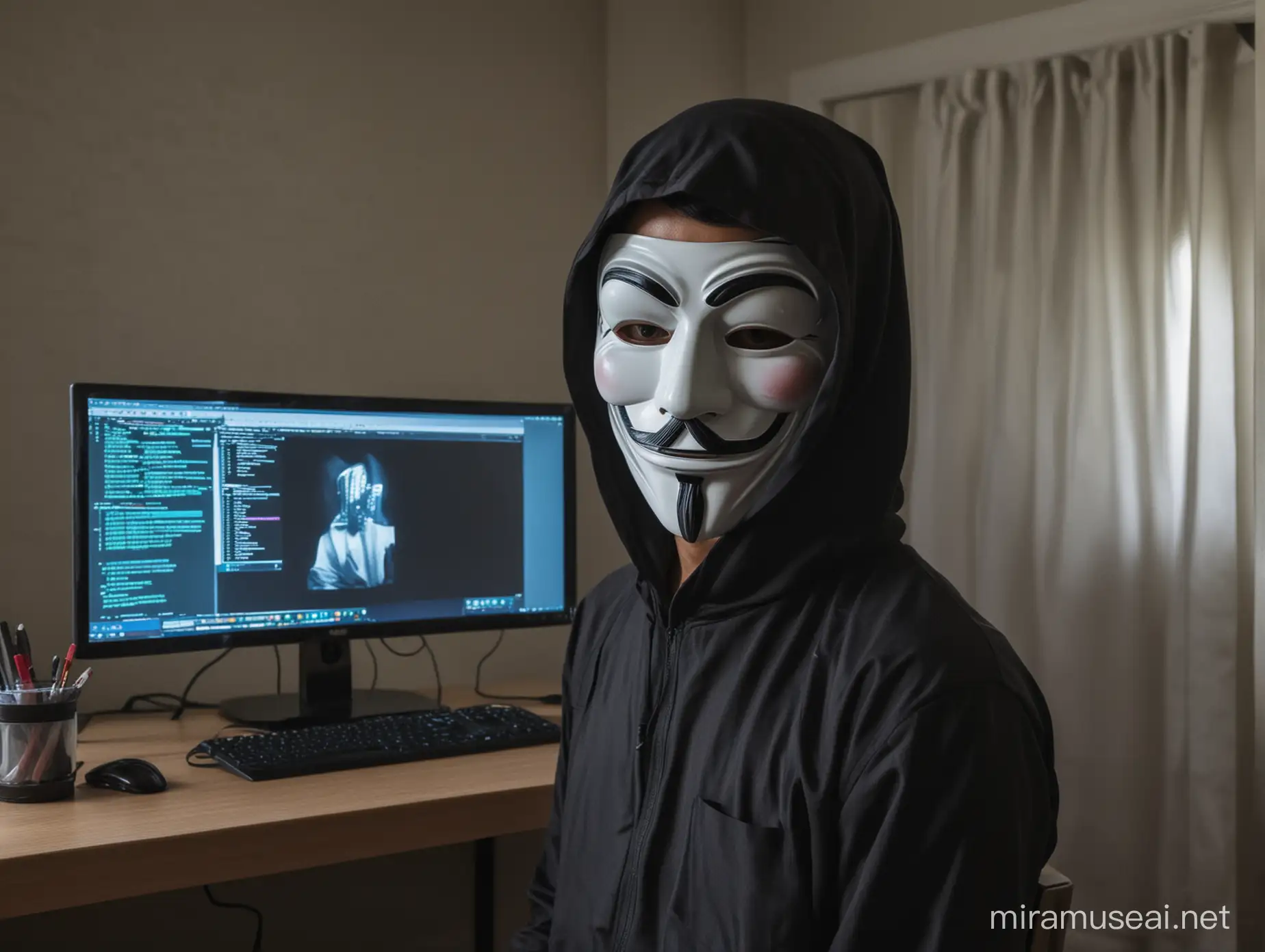 Indonesian man wearing an anonymous mask, in front of a PC screen running a hacking site, set in the bedroom.