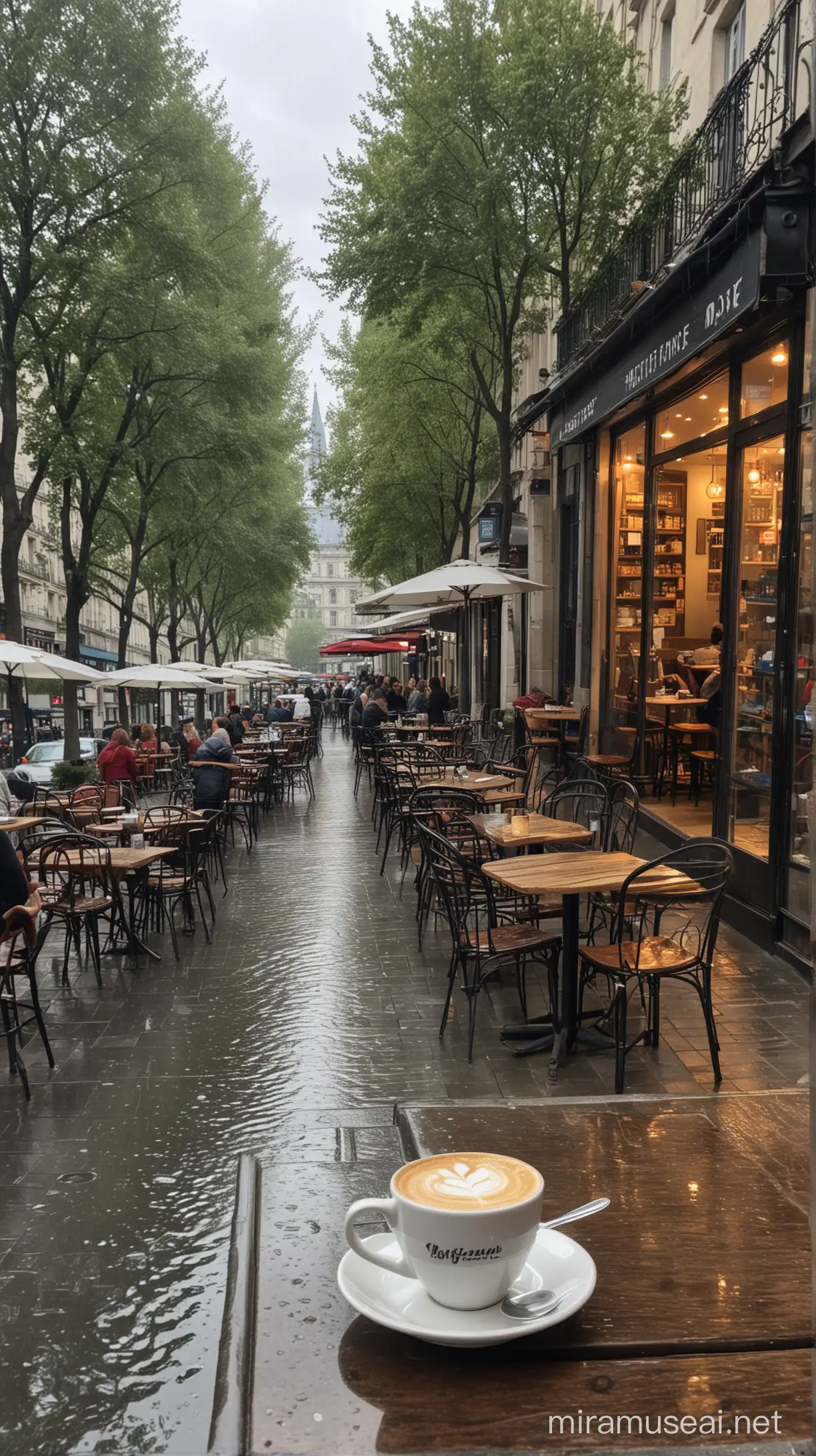 内心非常幸福、充实、专注地状态在塞纳河街边小雨后咖啡店