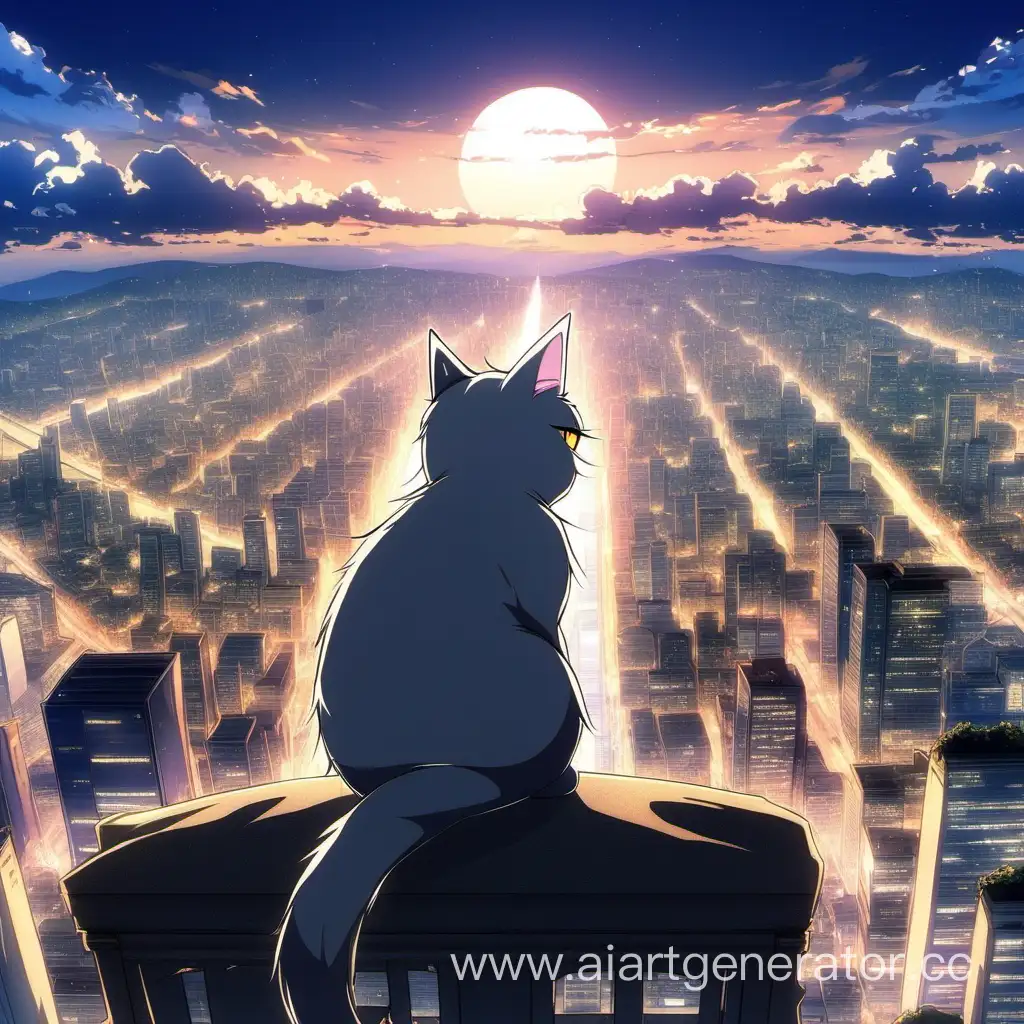 аниме кошка на вершине города