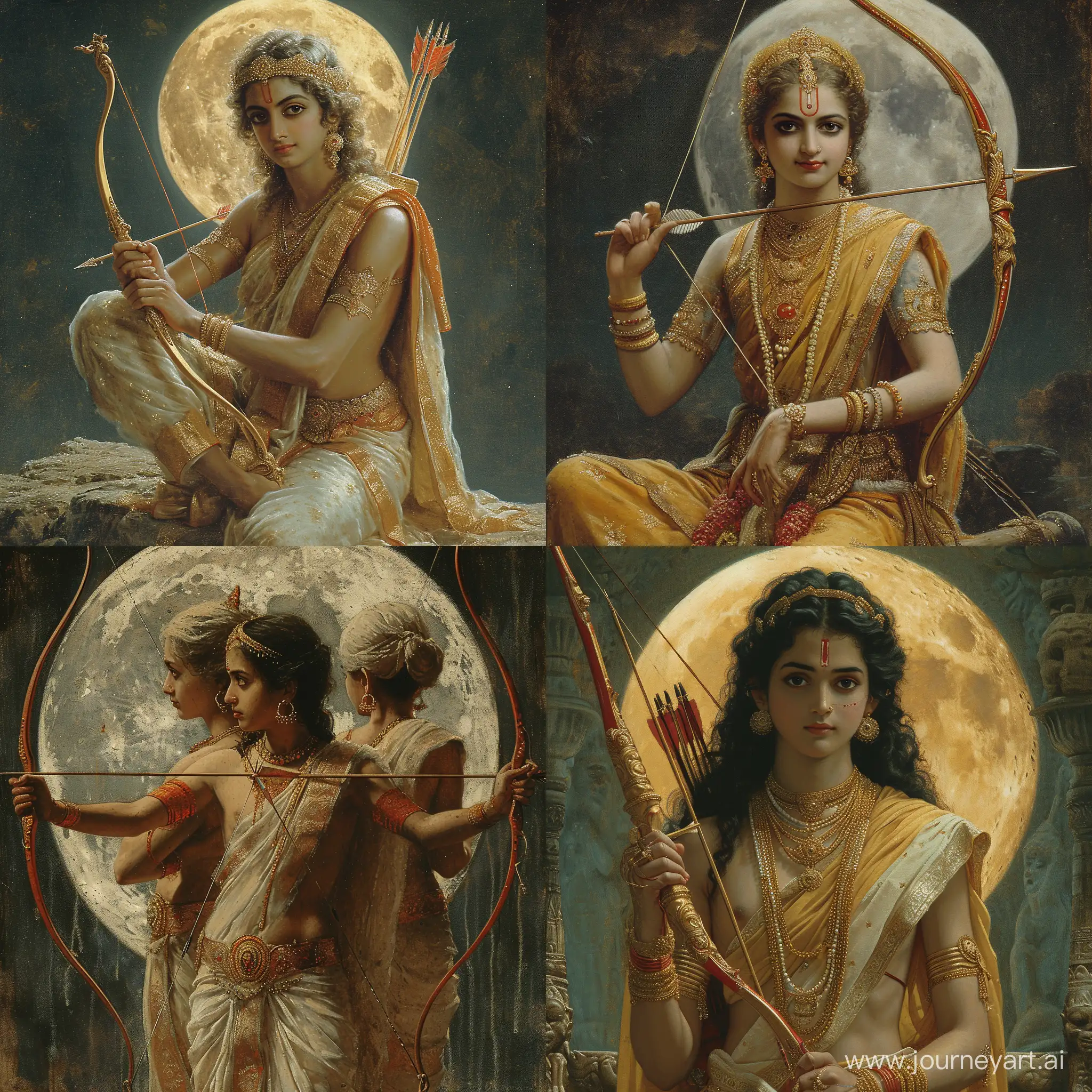 canvas painting of young beautiful LORD RAM holding bow and arrow behind Ram moon --s 750 --v 6.0