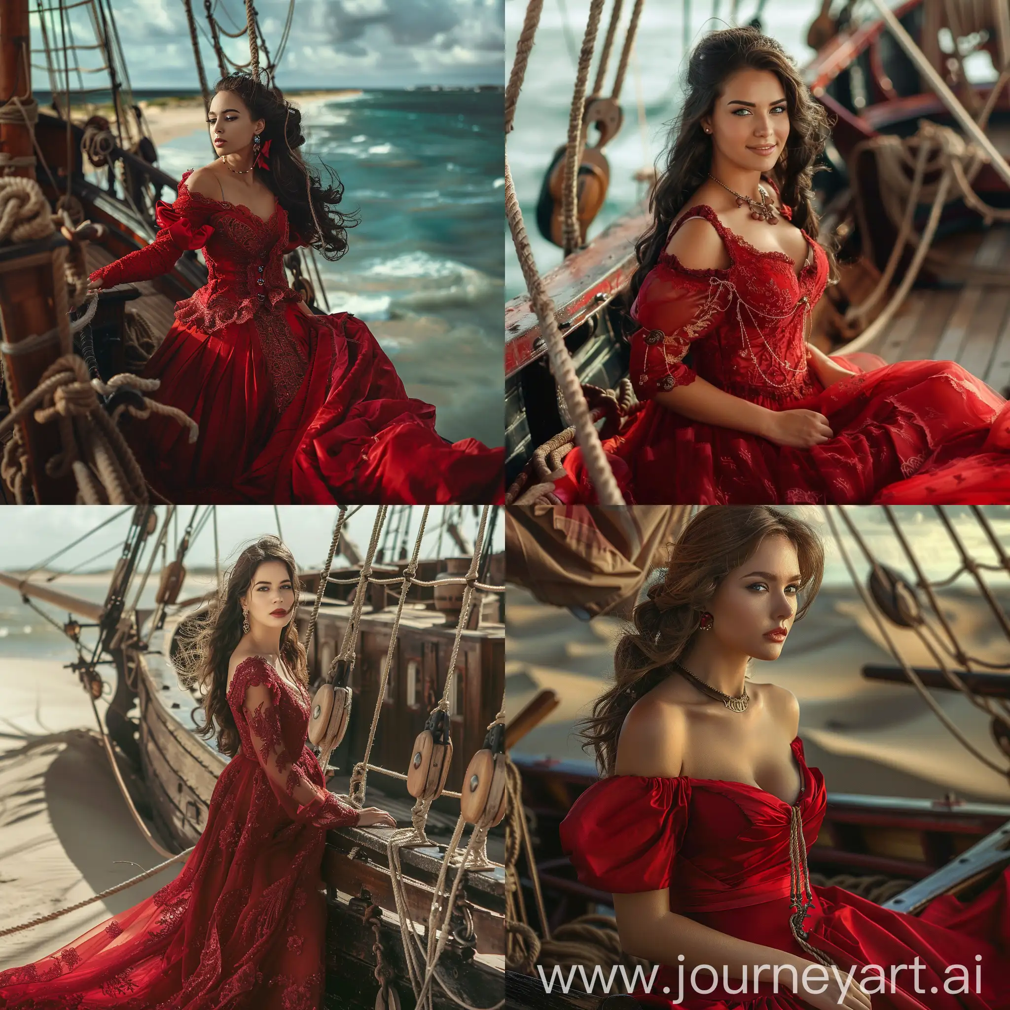 Elegant-Brunette-in-17th-Century-Red-Dress-on-Ship-near-Enchanting-Sand-Island