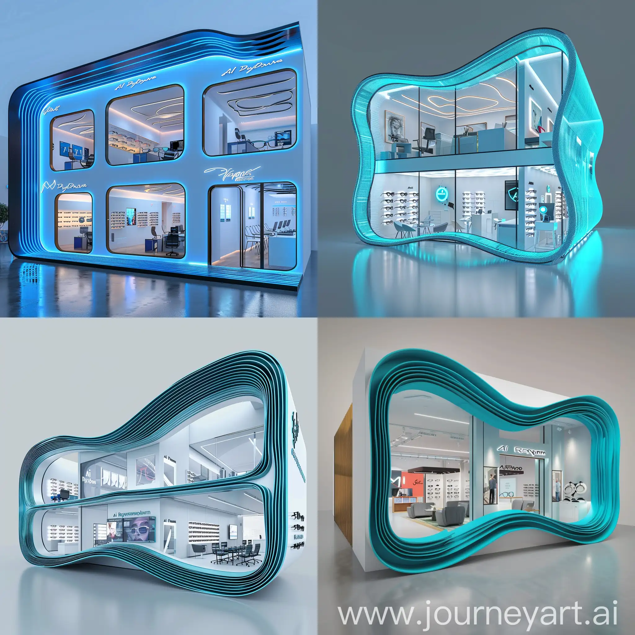 Futuristic-AI-Eyewear-Company-Headquarters-with-Blue-Frame-Exterior
