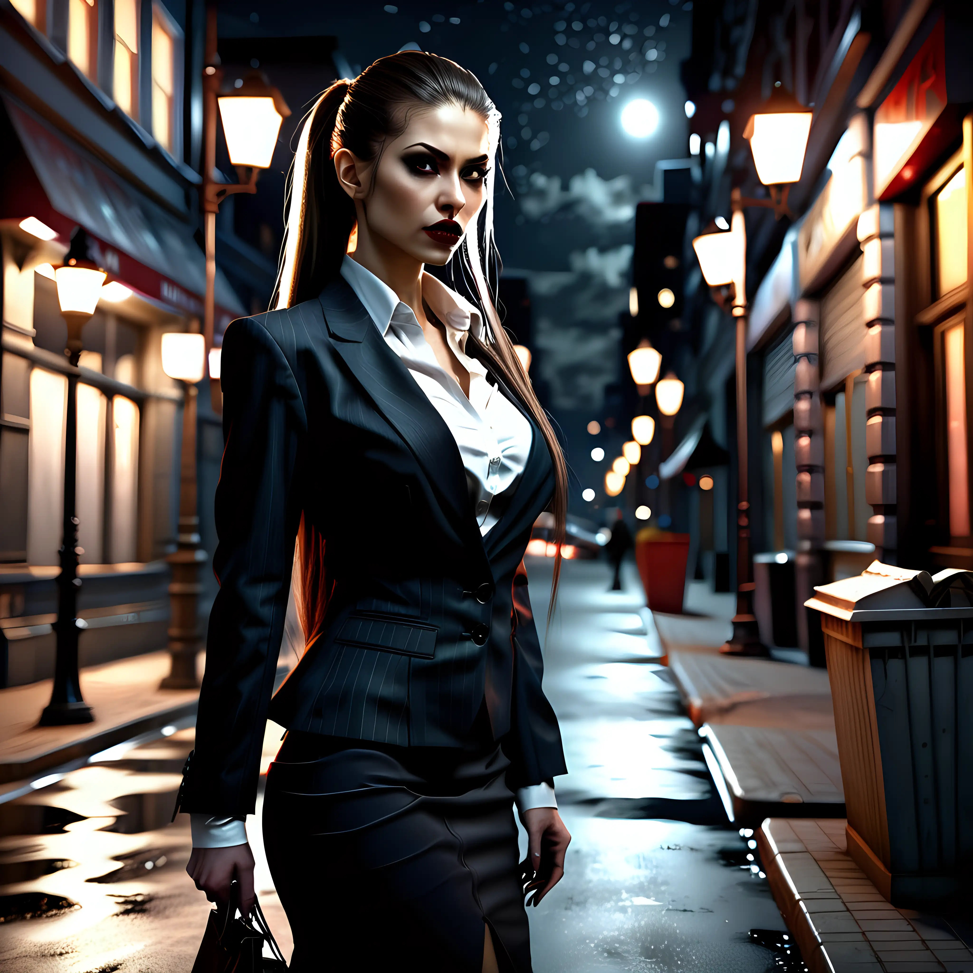 Nocturnal Elegance Businesswoman Malkavian Vampire in Nighttime Attire
