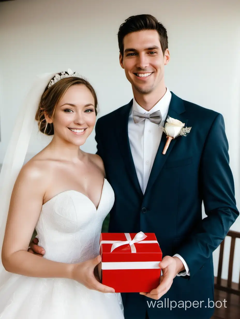 This is a real photo taken at a wedding. This is a white American couple. The man is tall and handsome, and the woman is beautiful. At their wedding, a friend gave them a gift box. They were holding the gift box in their hands, leaning on each other. The whole picture shows a scene of love.