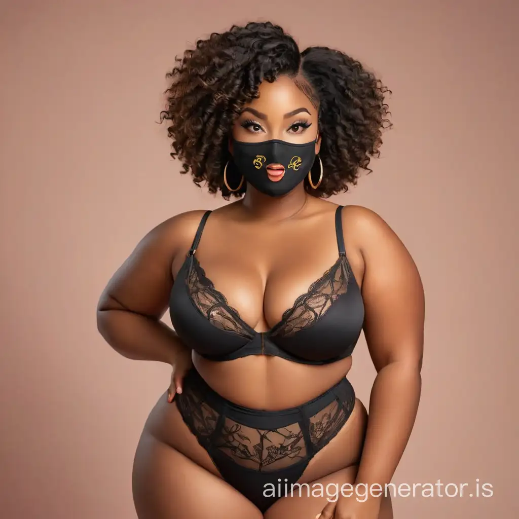 Create a logo for a curvy black woman who sales used and worn lingerie. Put a mask on her face